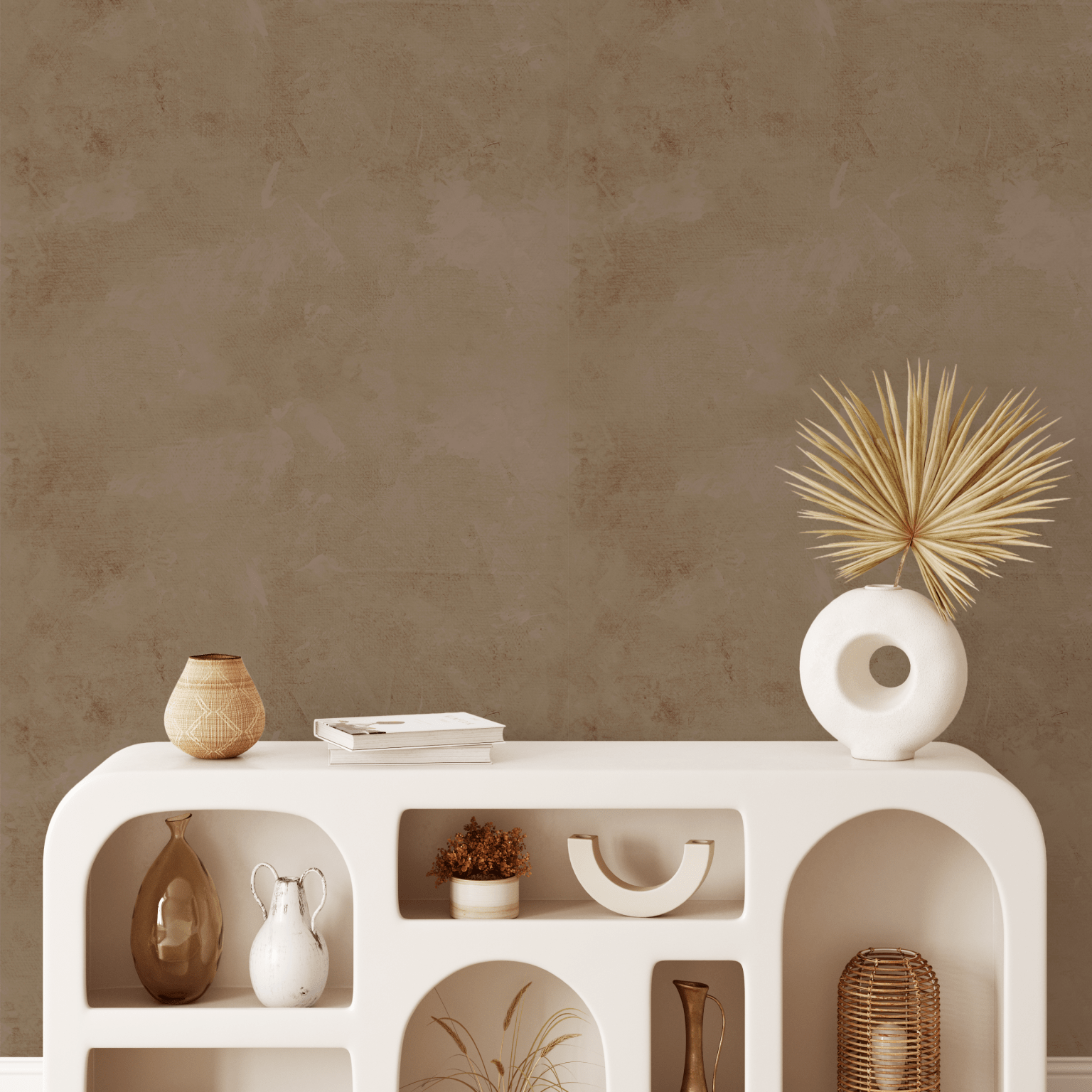 Elegant boho console table styled with Brown Tuscany Limewash Wallpaper in the background.