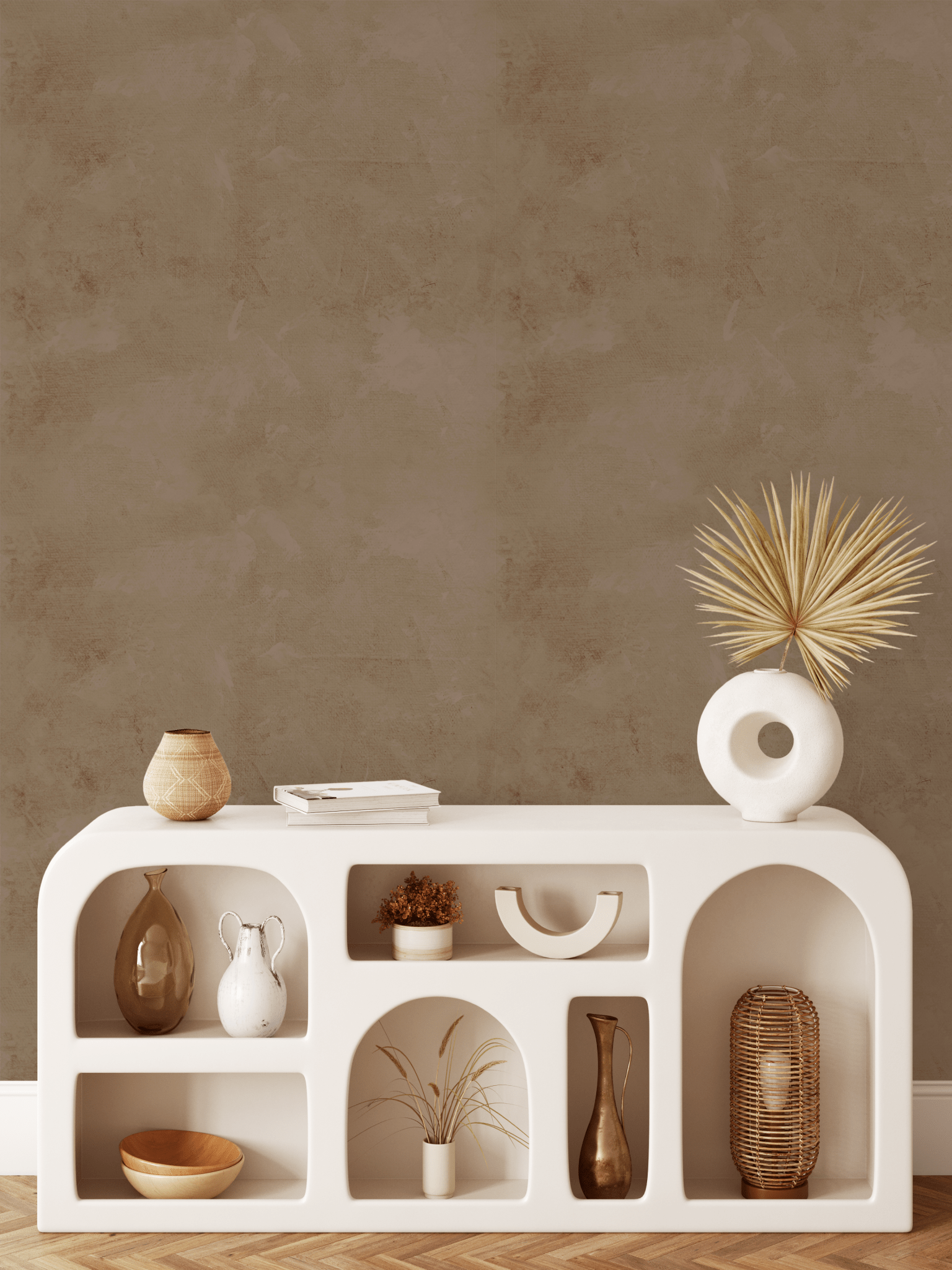 Elegant boho console table styled with Brown Tuscany Limewash Wallpaper in the background.