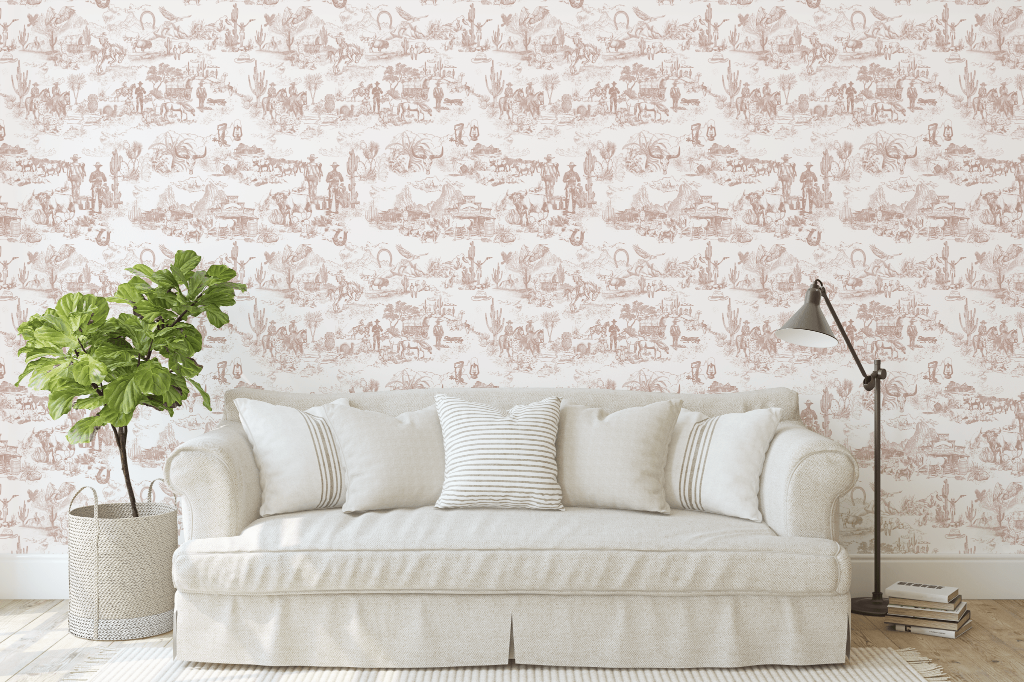 Western Toile wallpaper in country-style living room with potted plant