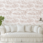 Western Toile wallpaper in country-style living room with potted plant