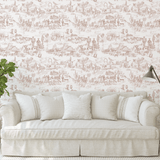 Western Toile wallpaper in country-style living room with potted plant