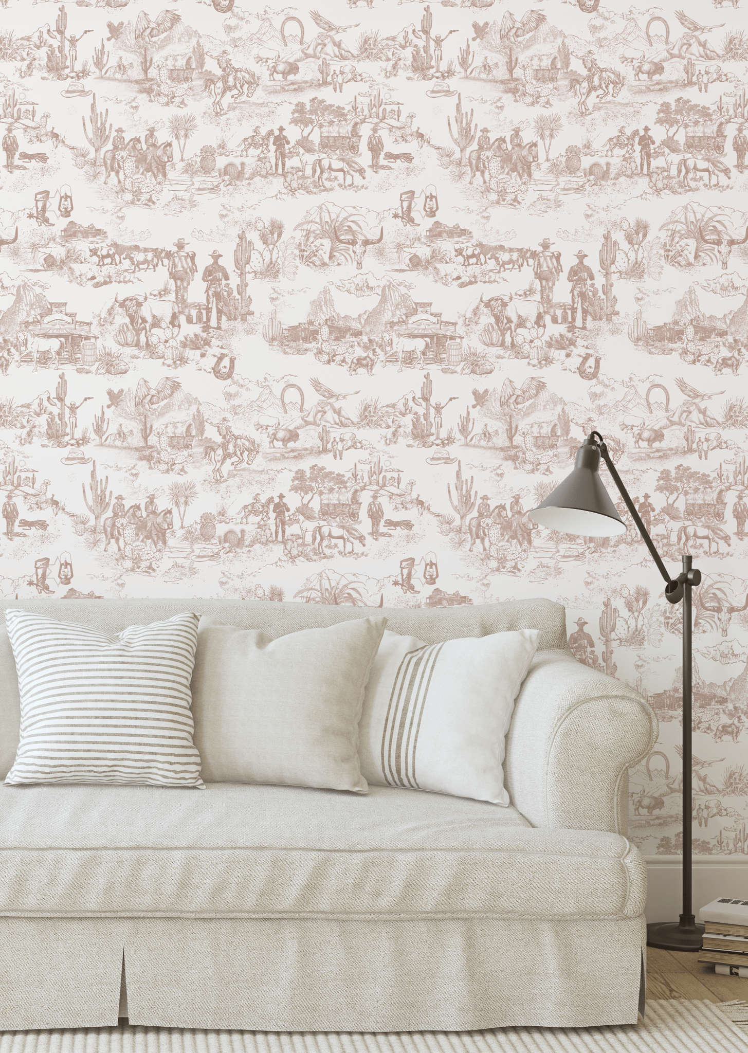 Western Toile wallpaper on living room wall with a neutral sofa