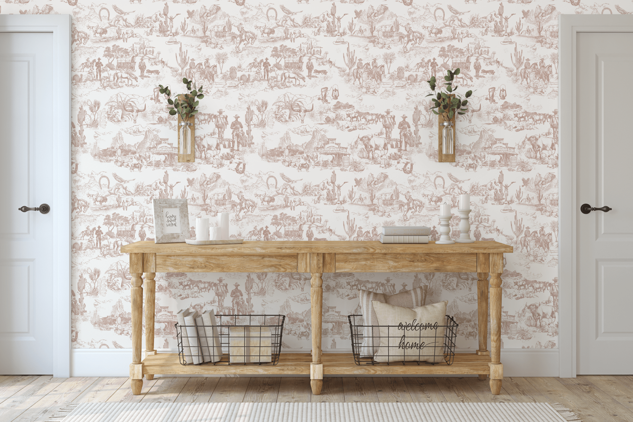 Western-themed wallpaper in entryway with rustic table and decor