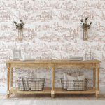 Western-themed wallpaper in entryway with rustic table and decor