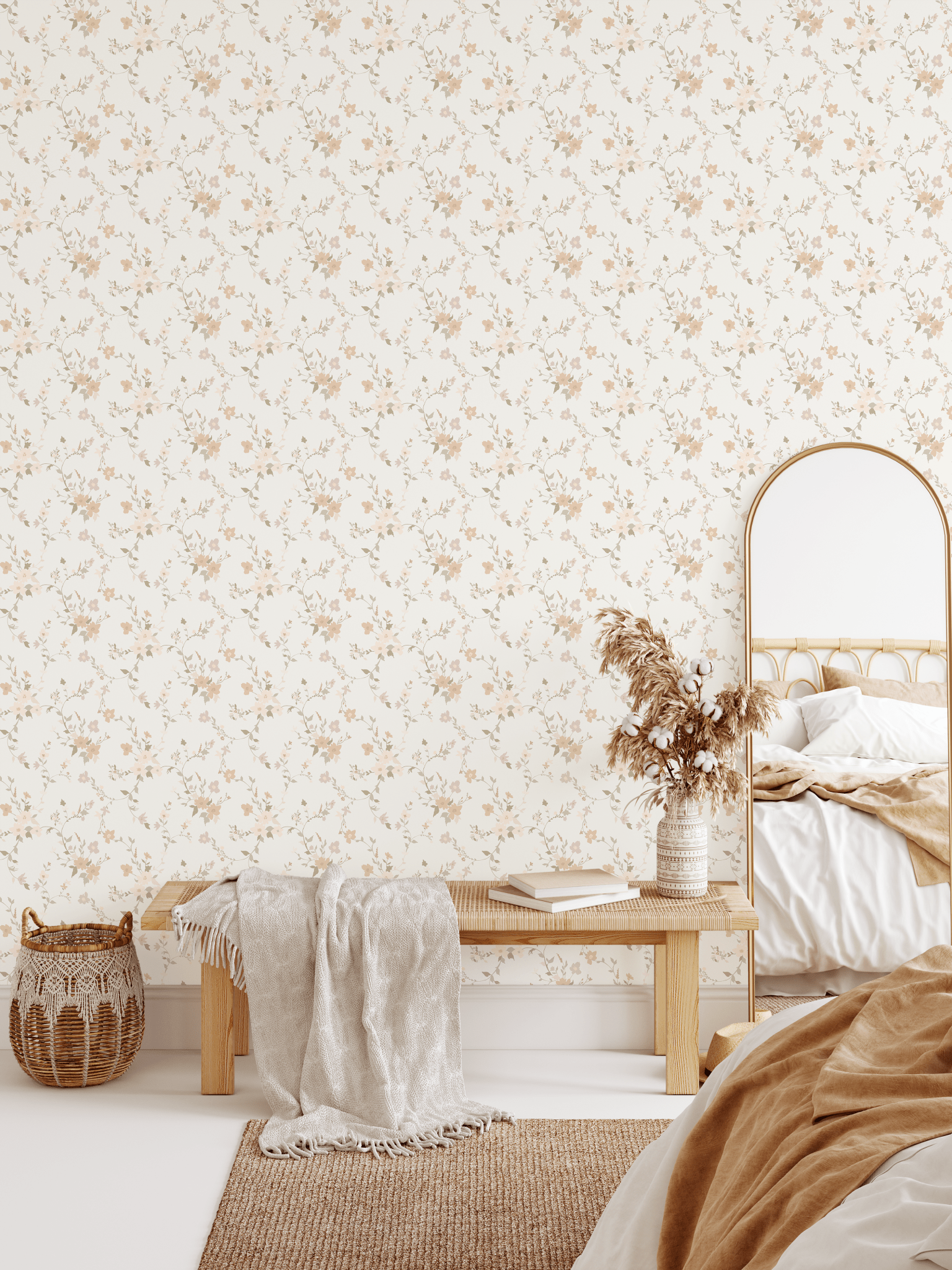 Bedroom with whimsical blossom peel and stick wallpaper in a soft, neutral palette complementing a cozy bed and bench.