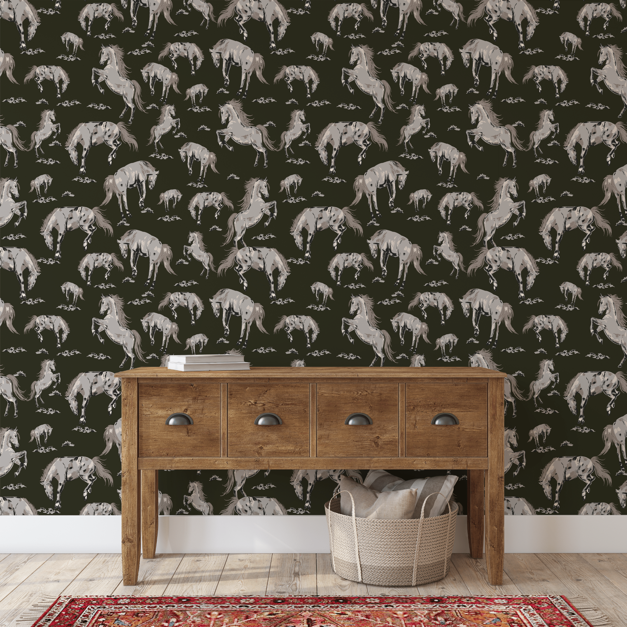 Elegant entryway with dark stallion wallpaper, adding a bold Western flair to the space