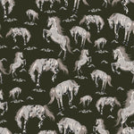 Detailed illustration of galloping and grazing stallions on a dark background, perfect for Western-themed decor