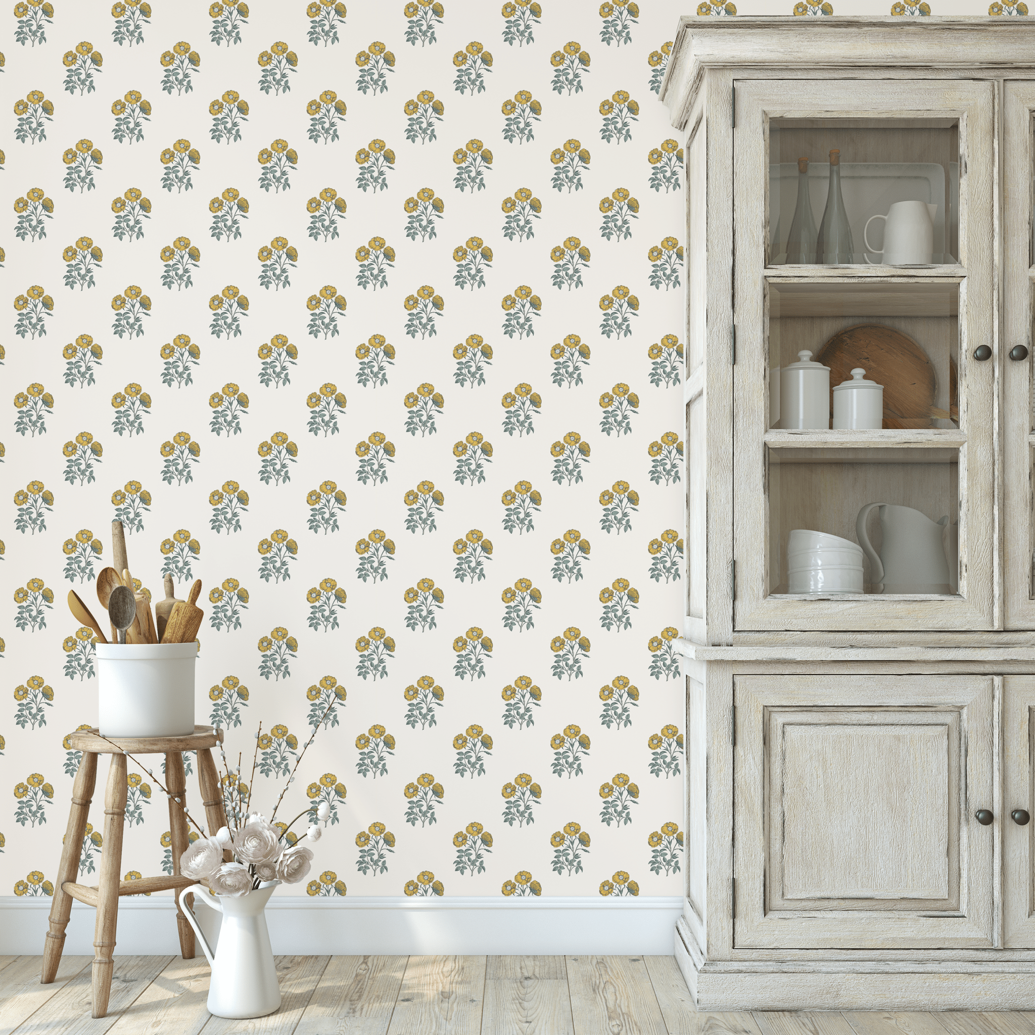 Farmhouse-style kitchen with yellow floral wallpaper and rustic wooden cabinets.