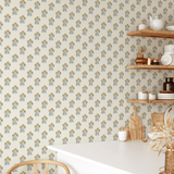 Yellow block print floral wallpaper adorning a cozy kitchen wall with floating shelves and farmhouse decor.