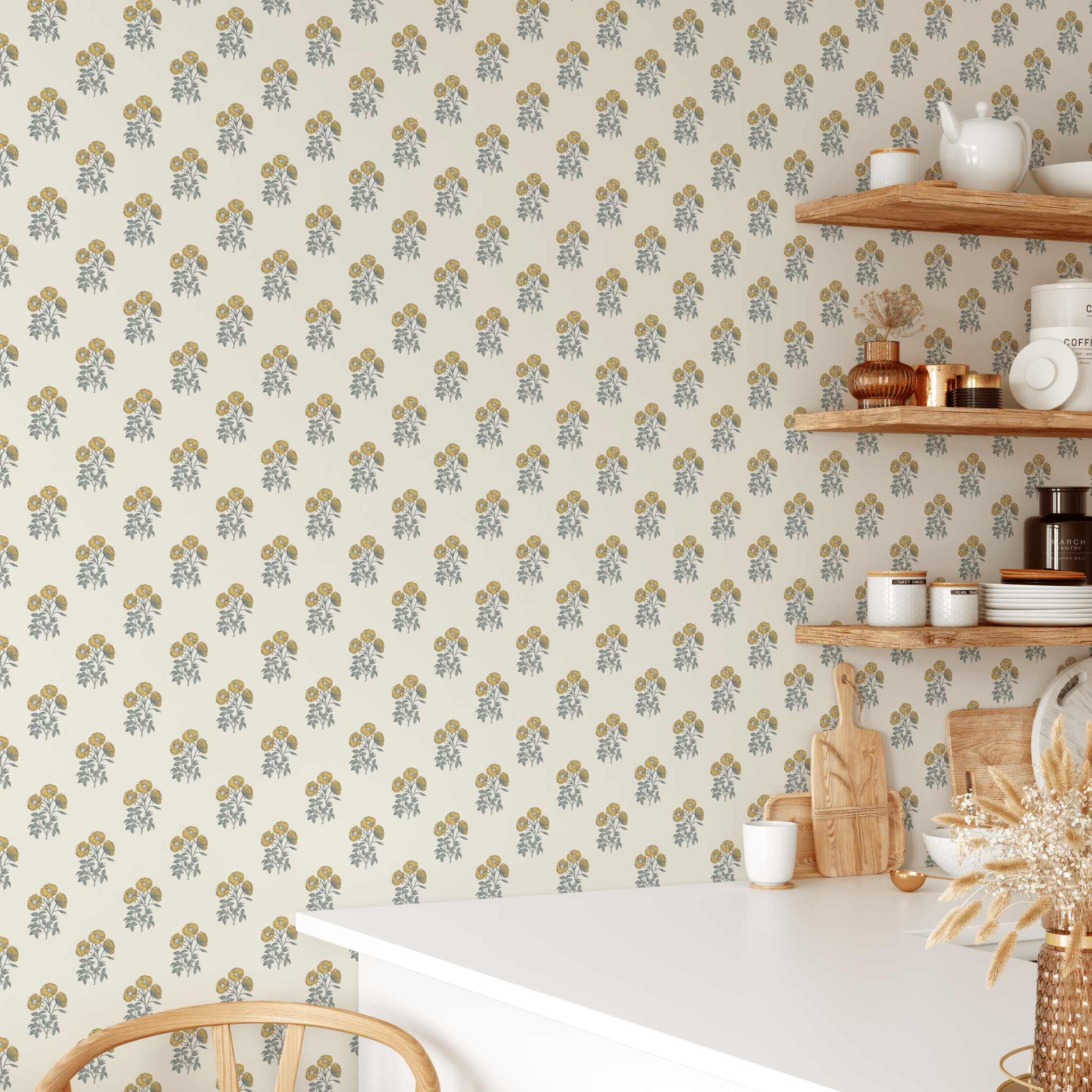 Yellow block print floral wallpaper adorning a cozy kitchen wall with floating shelves and farmhouse decor.