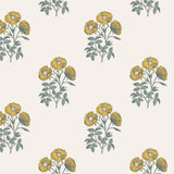 Close-up of the intricate yellow floral block print pattern on the wallpaper.