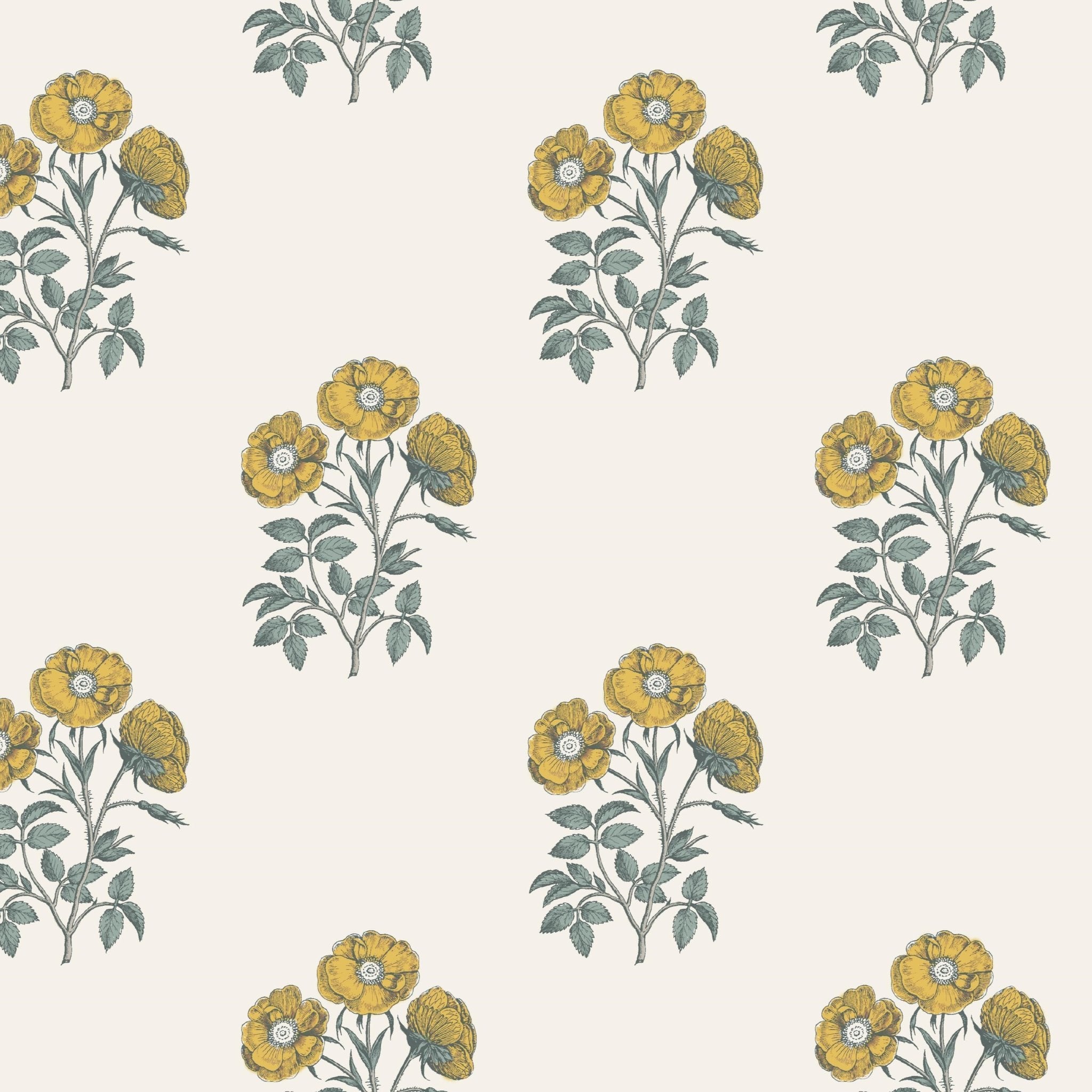 Close-up of the intricate yellow floral block print pattern on the wallpaper.