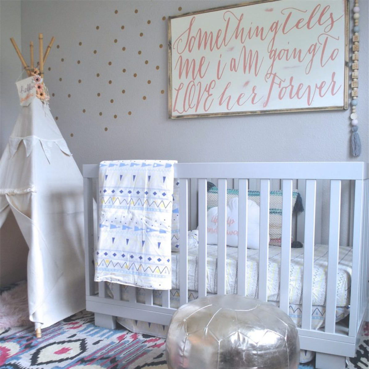 Gold Polka Dot Wall Decals DIY for your Nursery from rockymountaindecals.ca #nurseries #kidsrooms #kidsdecor