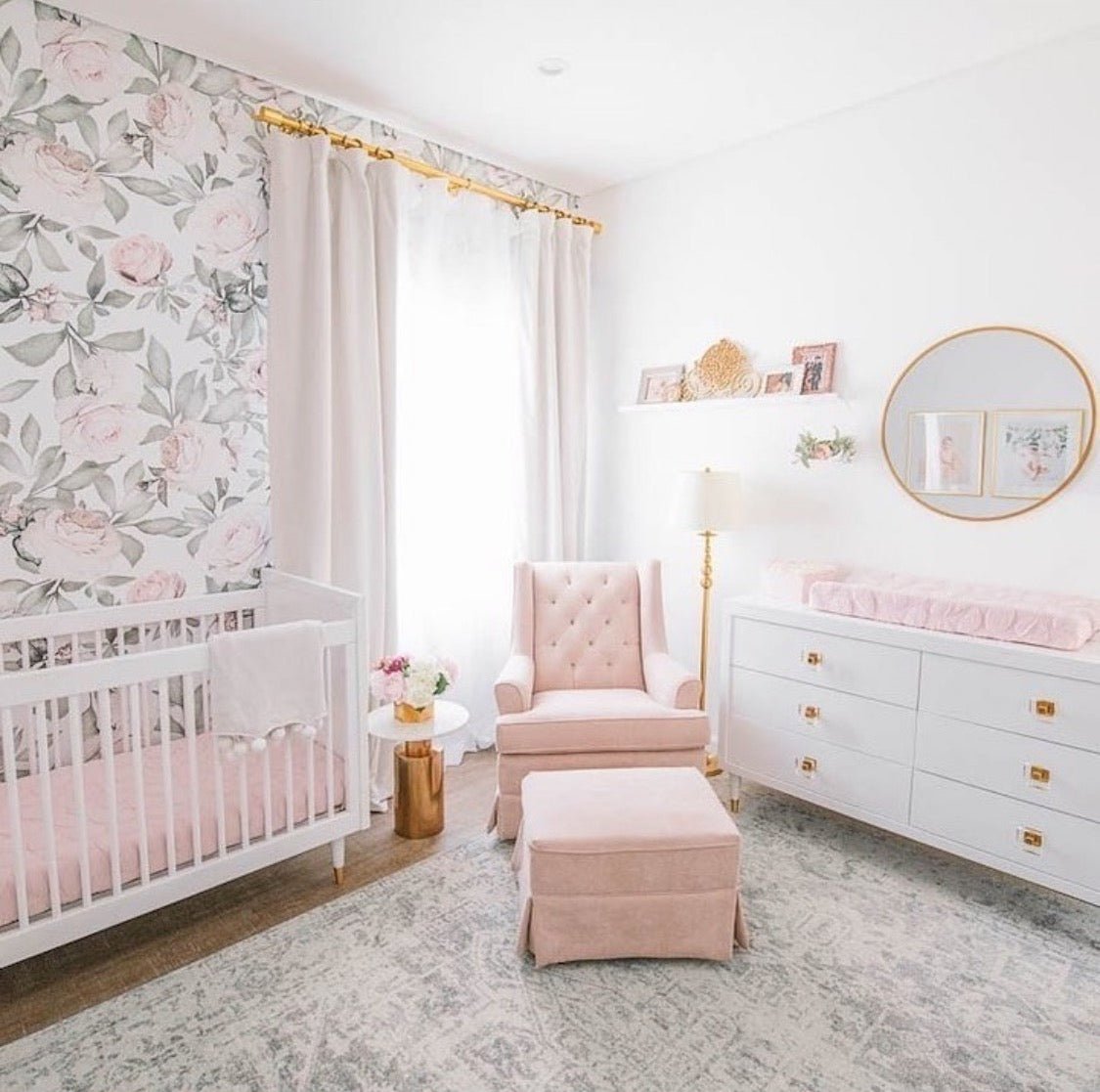 nursery wallpaper for walls in baby nursery with white crib and pink rocking chair with white cabinet