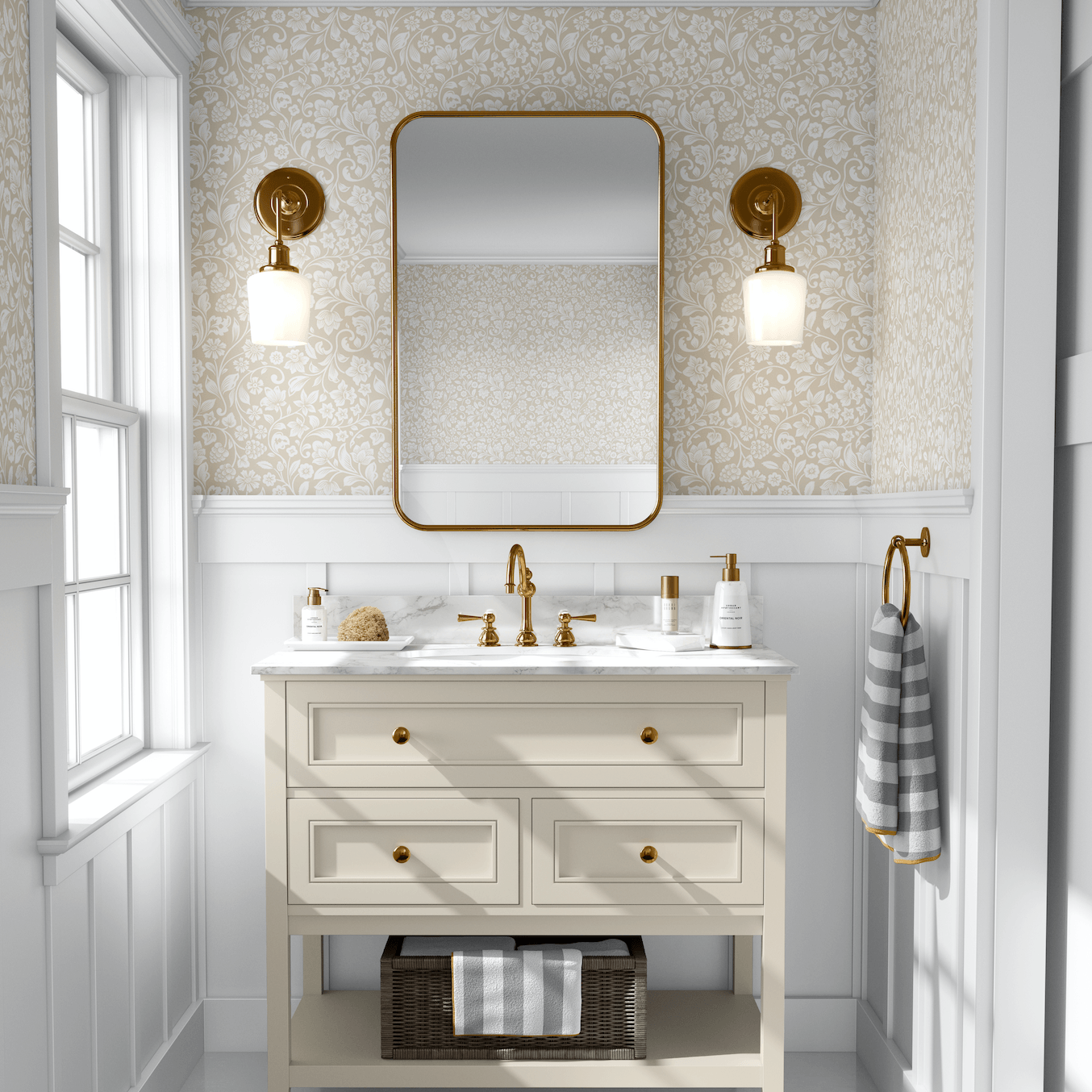 baroque removable peel and stick wallpaper for walls in bathroom with mirror and cream vanity