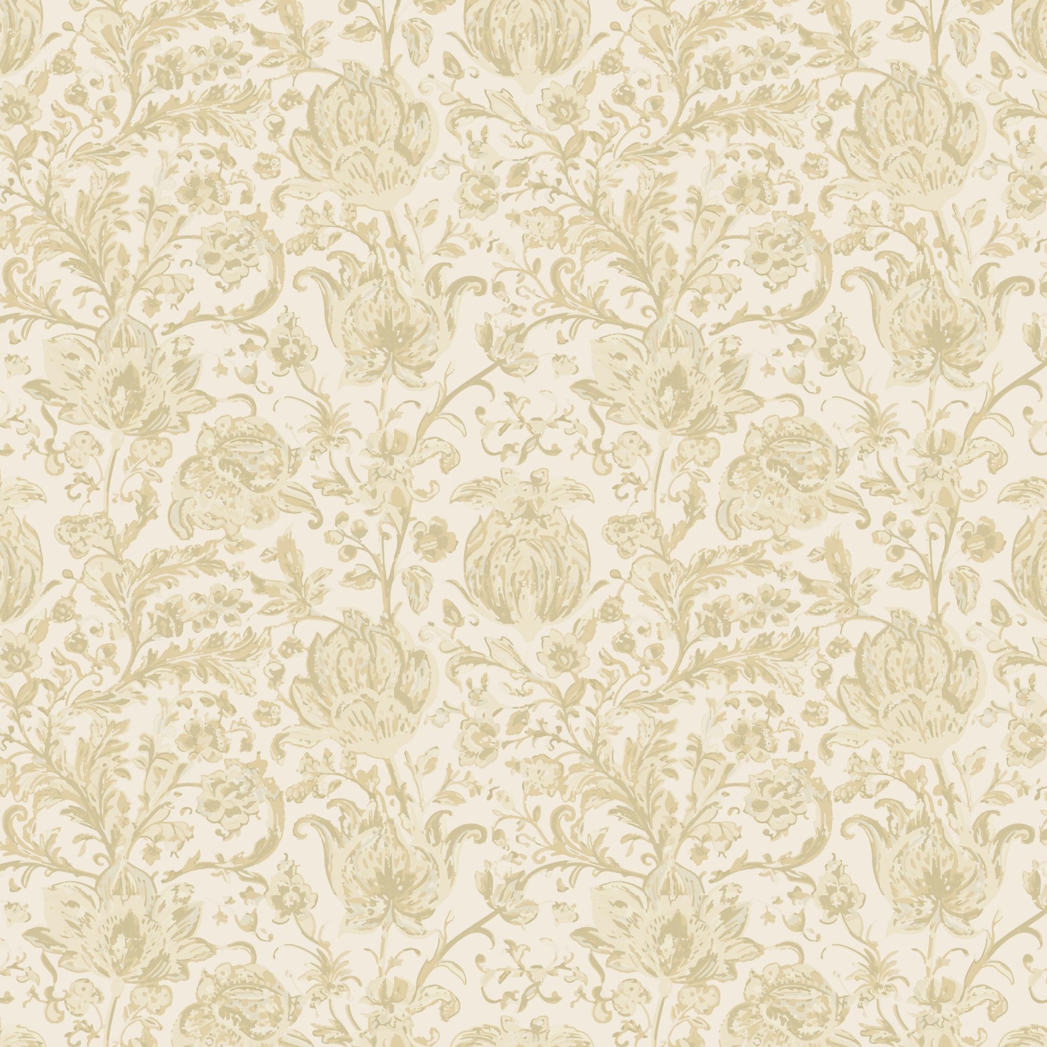 Elaborate beige floral brocade pattern wallpaper, with detailed flowers and ornate foliage on a light background, evoking a sense of luxury and classic style.