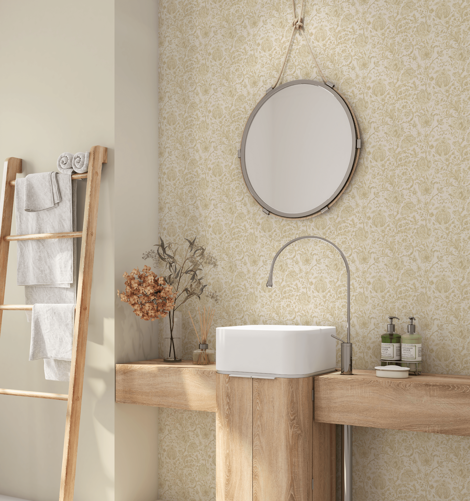 Bathroom showcasing beige brocade wallpaper with an intricate, vintage floral design for a classic look.