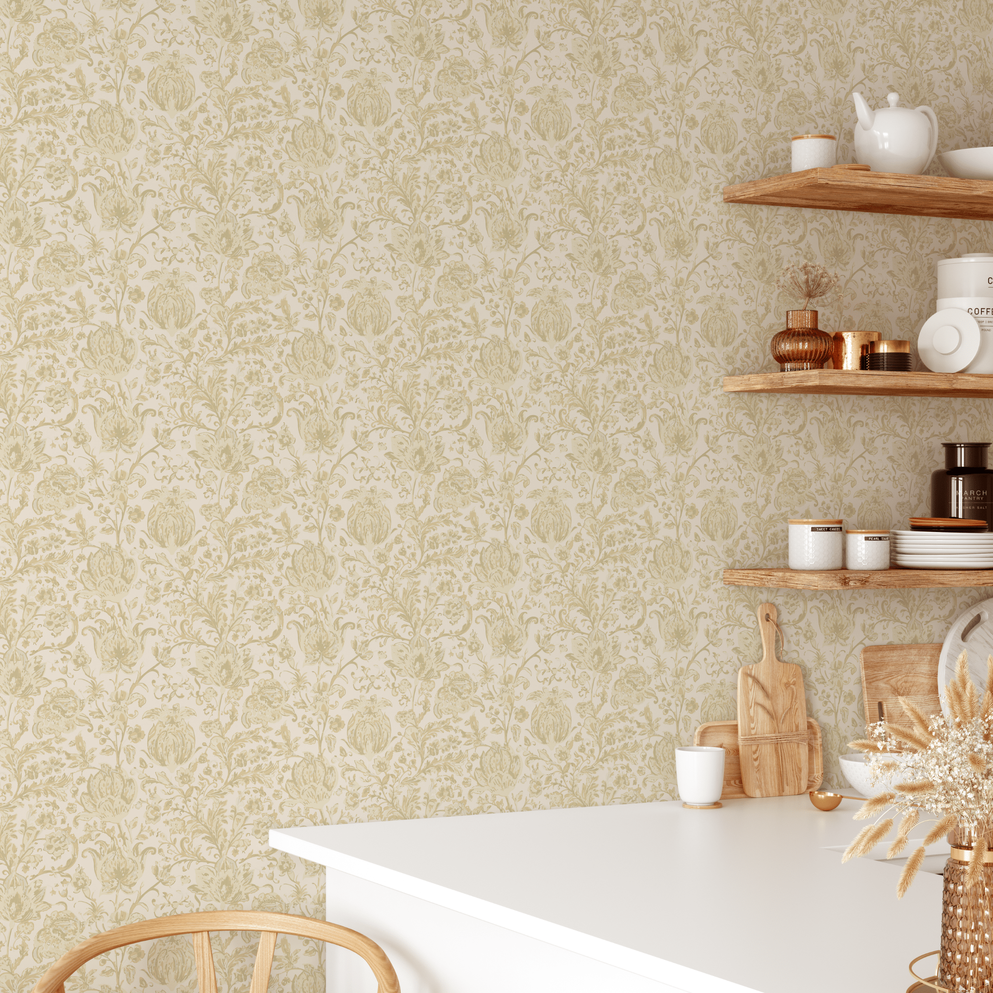 Serene kitchen decorated with beige brocade peel and stick wallpaper, providing a timeless, ornate backdrop.