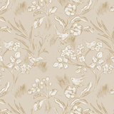 A sample view of customizable beige wallpaper featuring a delicate birds and blossoms pattern suitable for various spaces