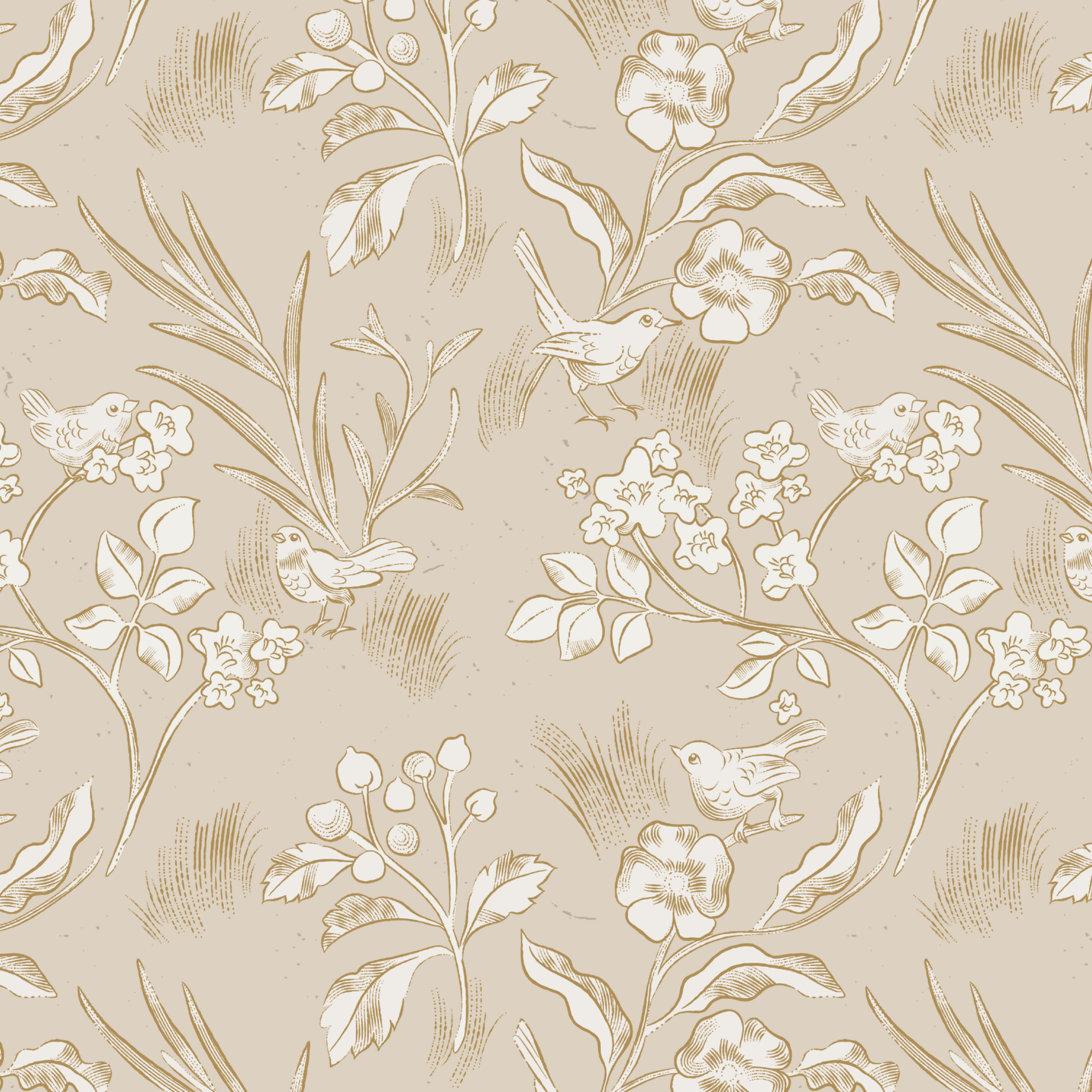 A sample view of customizable beige wallpaper featuring a delicate birds and blossoms pattern suitable for various spaces