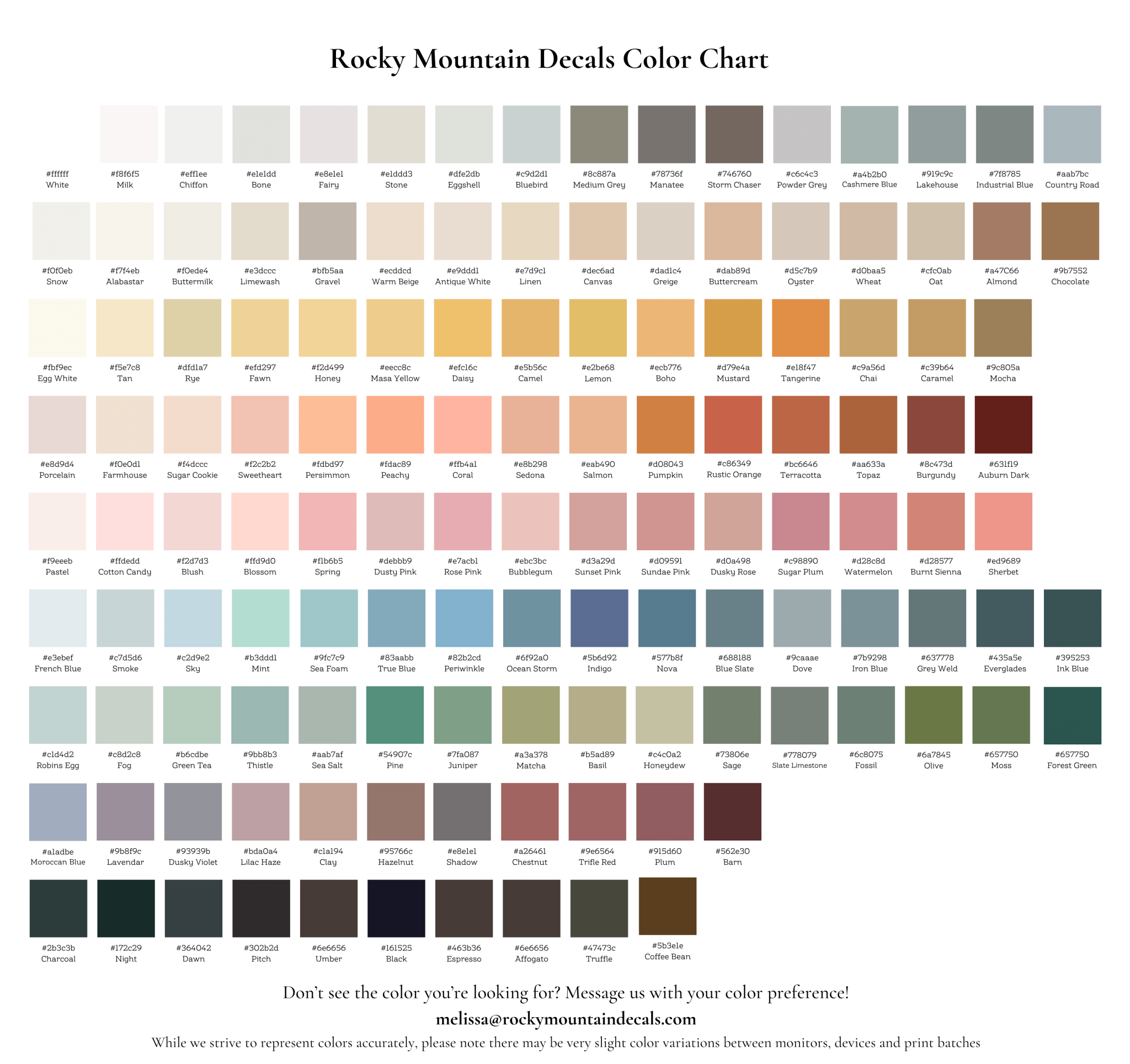 A color chart for custom wallpaper options, showcasing a range of swatches with names and codes for tailored space design.