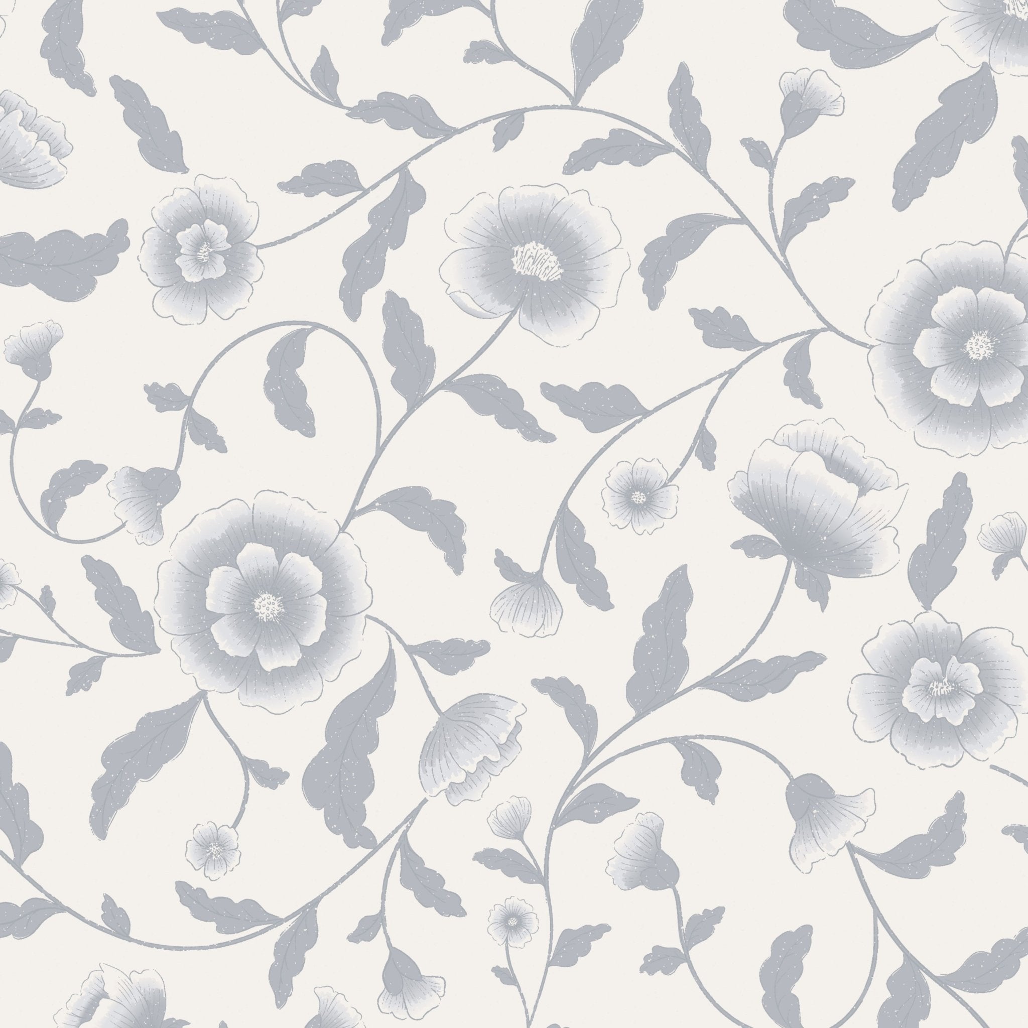 Elegant grey and white floral wallpaper design with large blooming flowers and swirling vines for a classic interior.