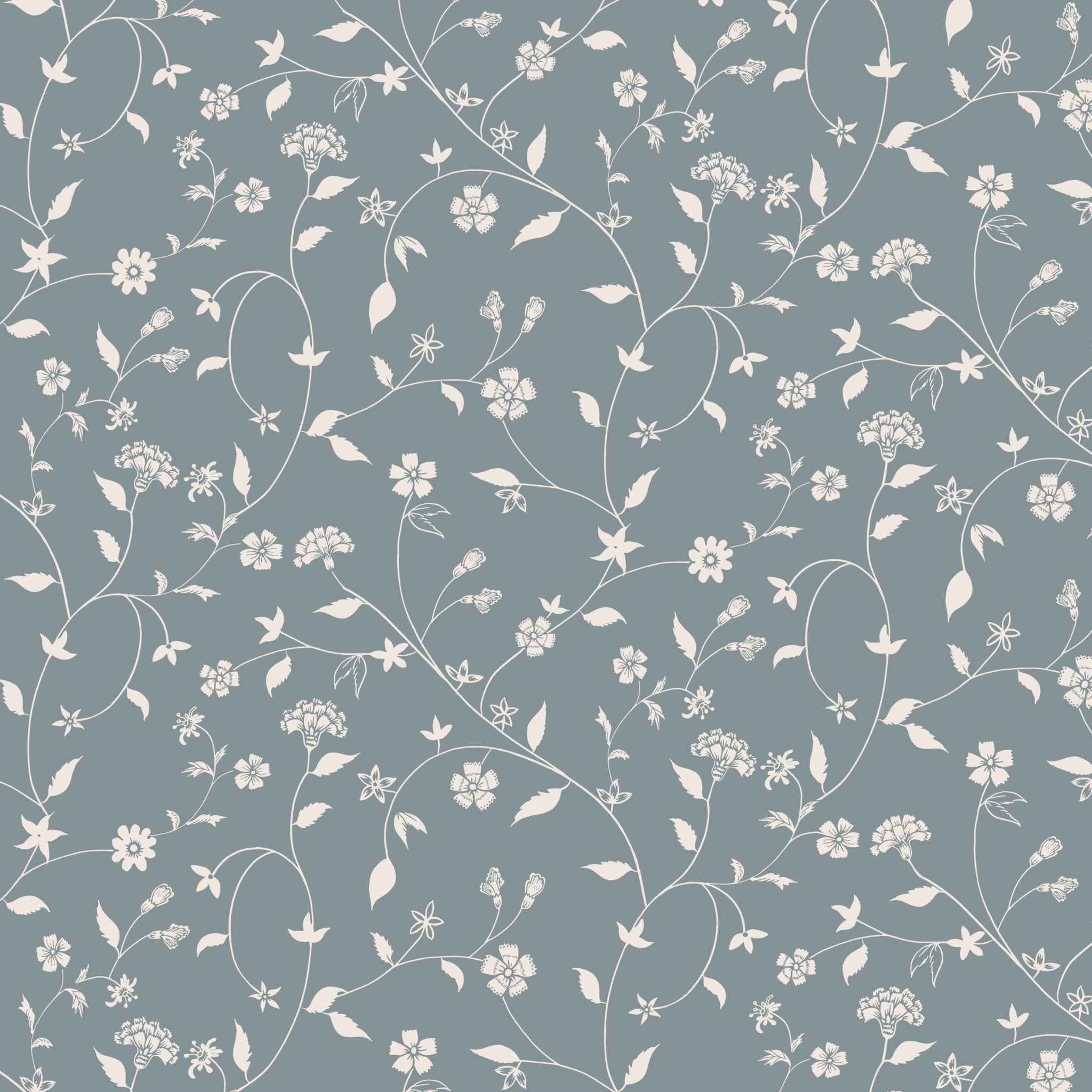 Chic blue and white botanical wallpaper pattern featuring delicate vines and small flowers for a fresh room makeover.