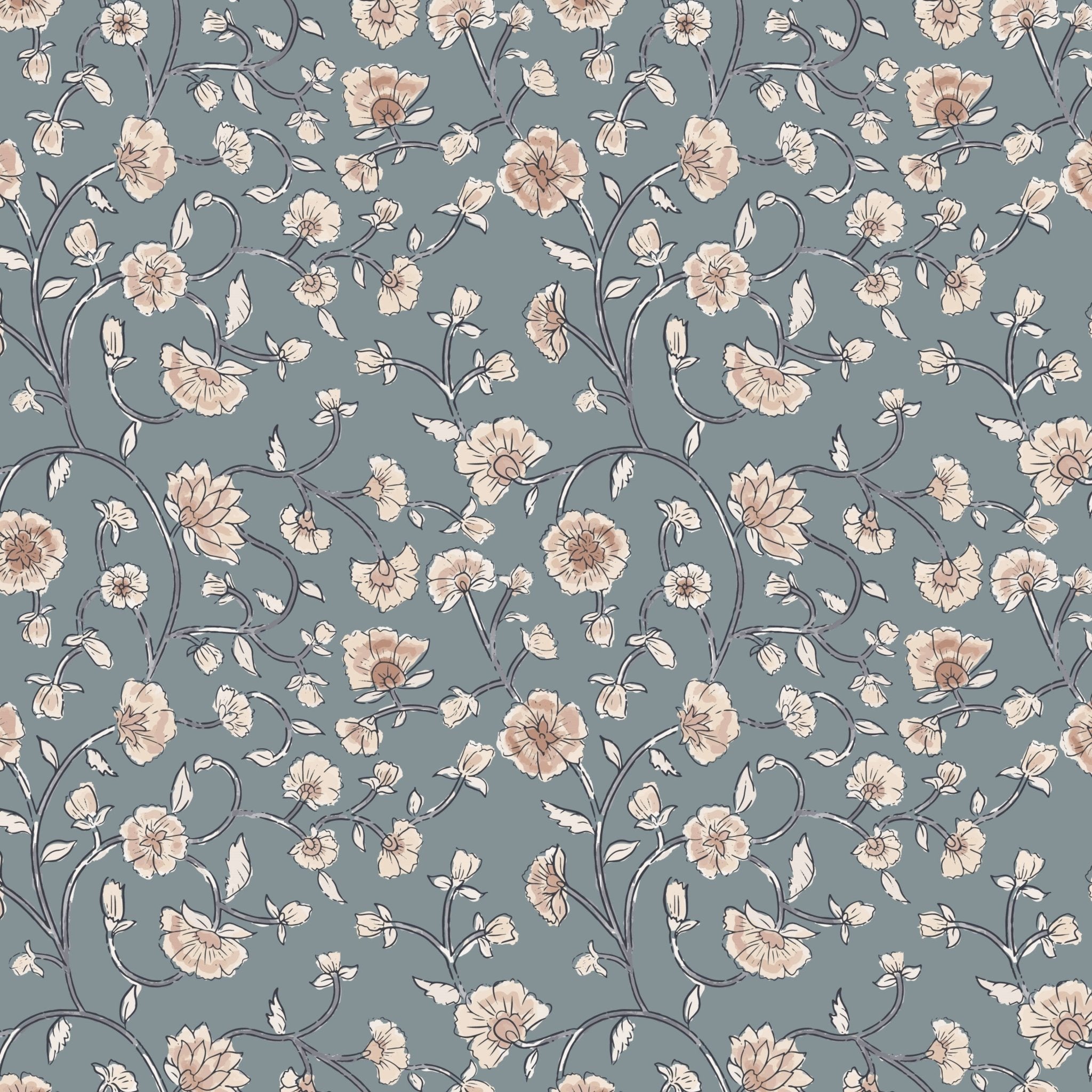 Traditional blue vintage floral wallpaper with creamy roses and meandering vines, offering a romantic touch to any room