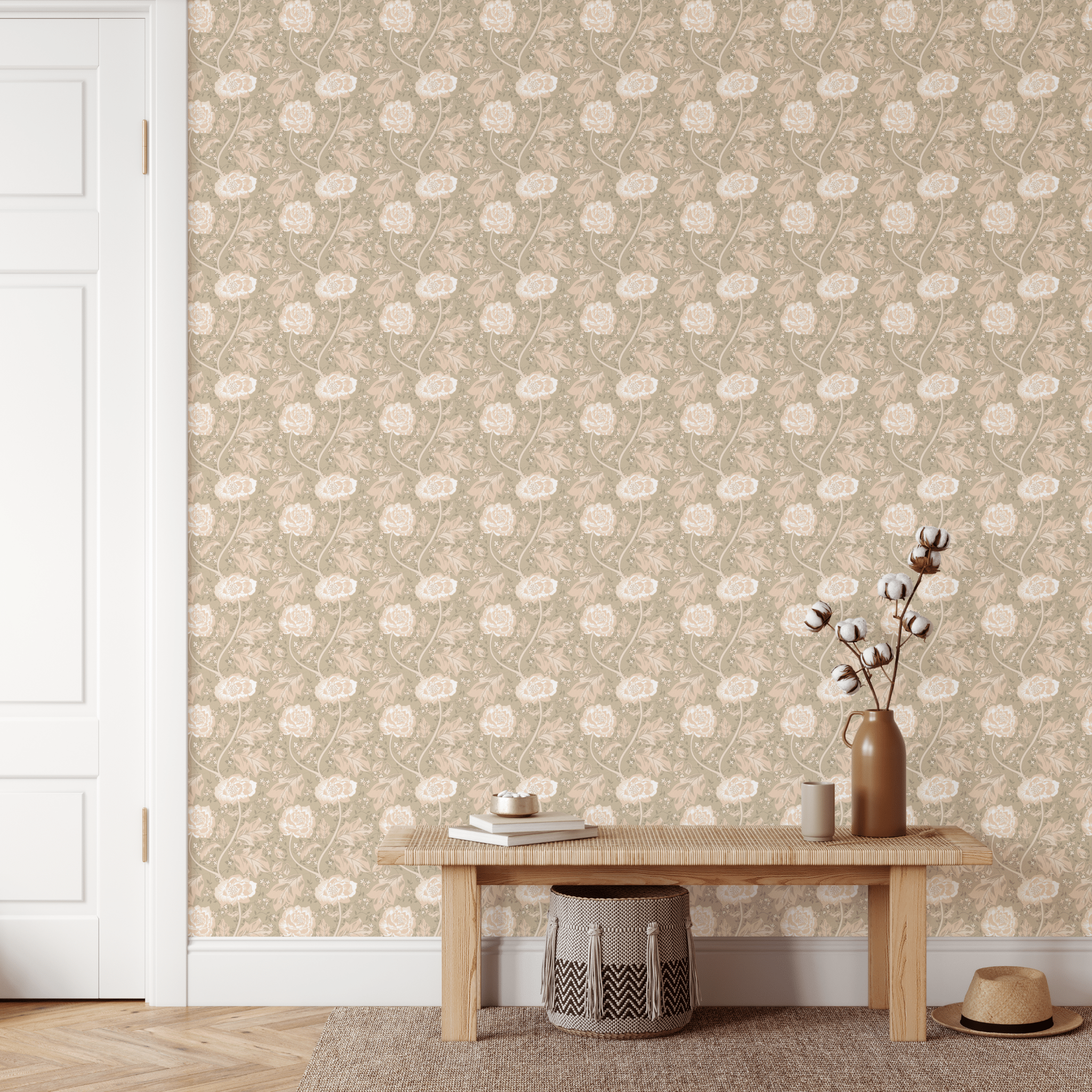 Home entryway featuring blush bouquet peel and stick wallpaper with elegant floral designs in muted tones.