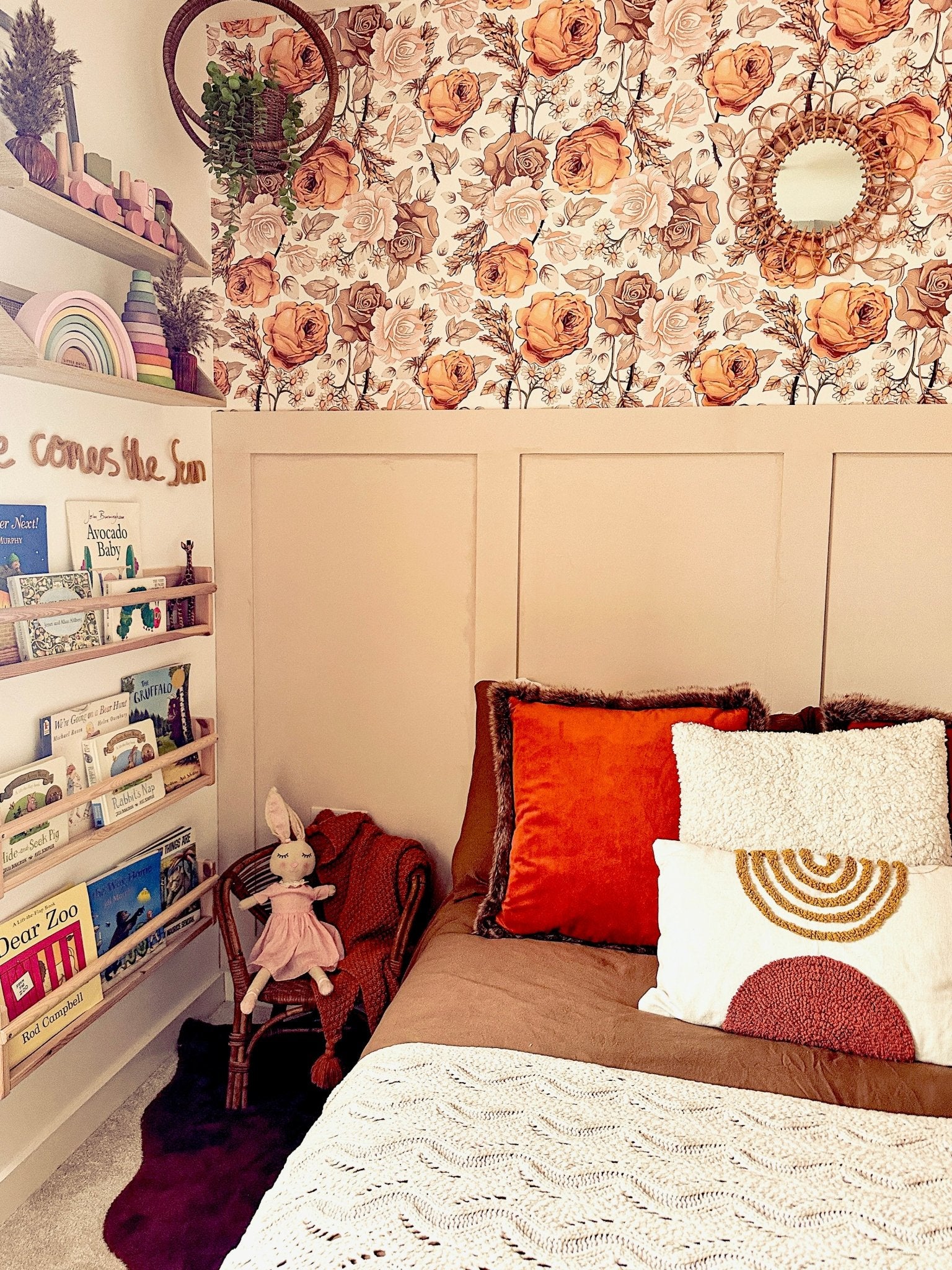 Children's bedroom with bohemian theme and peel and stick wallpaper