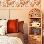 Bohemian Flower Wallpaper and tiki bamboo decorative shelf and bed in a child's room