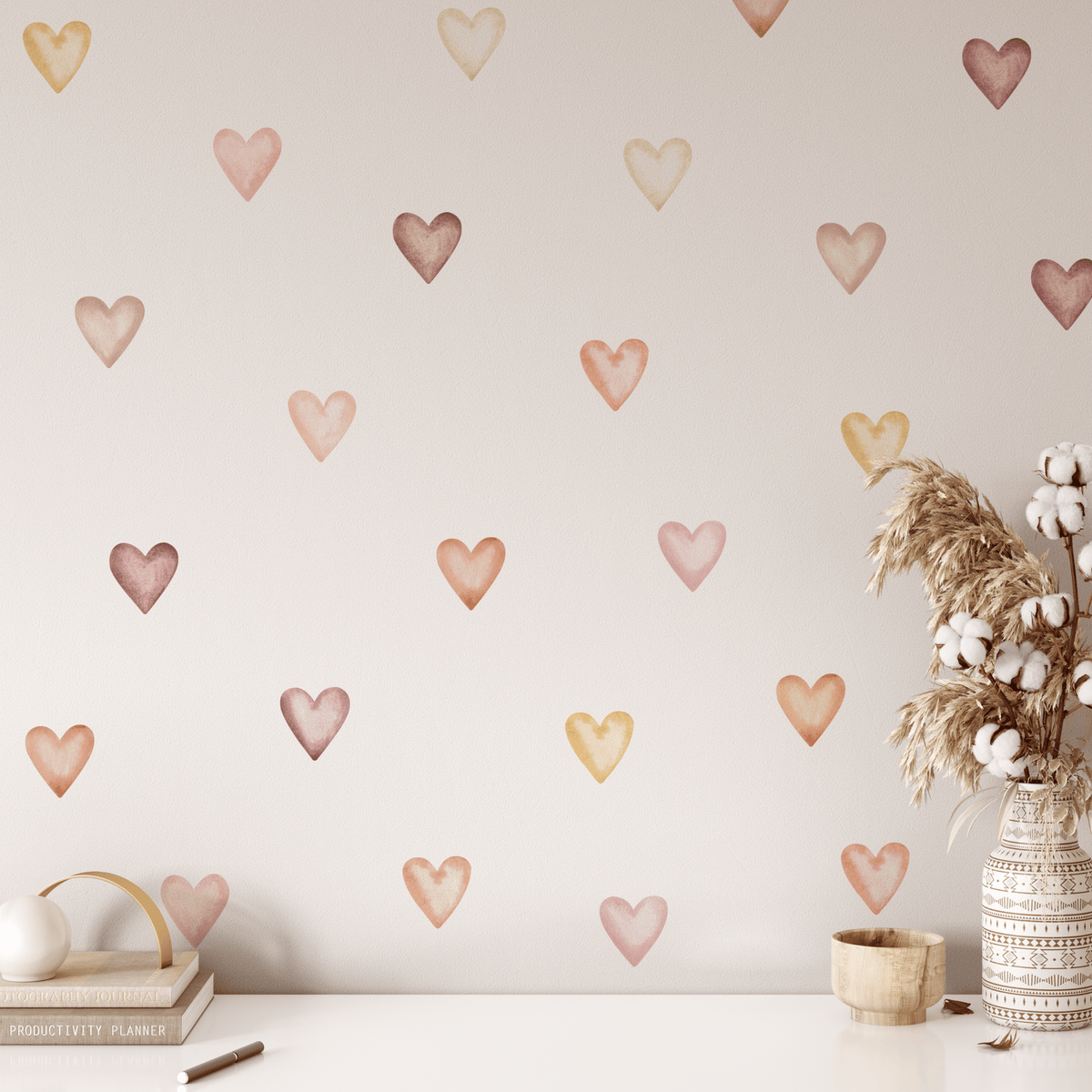 Boho Heart Wall Stickers, Pink Watercolor Heart Stickers