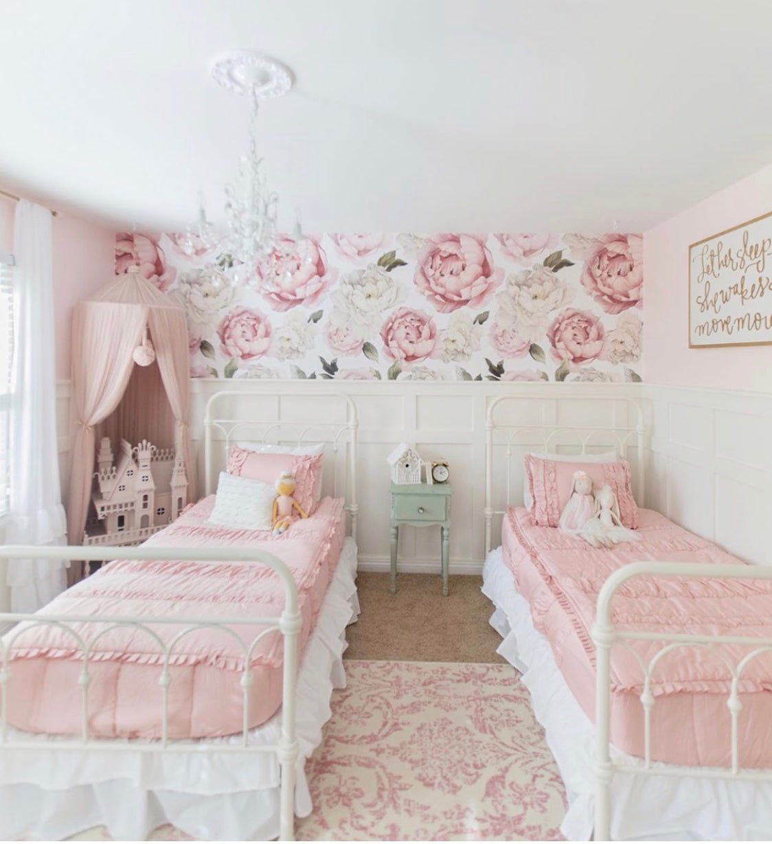 blush girls room with removable wallpaper flowers