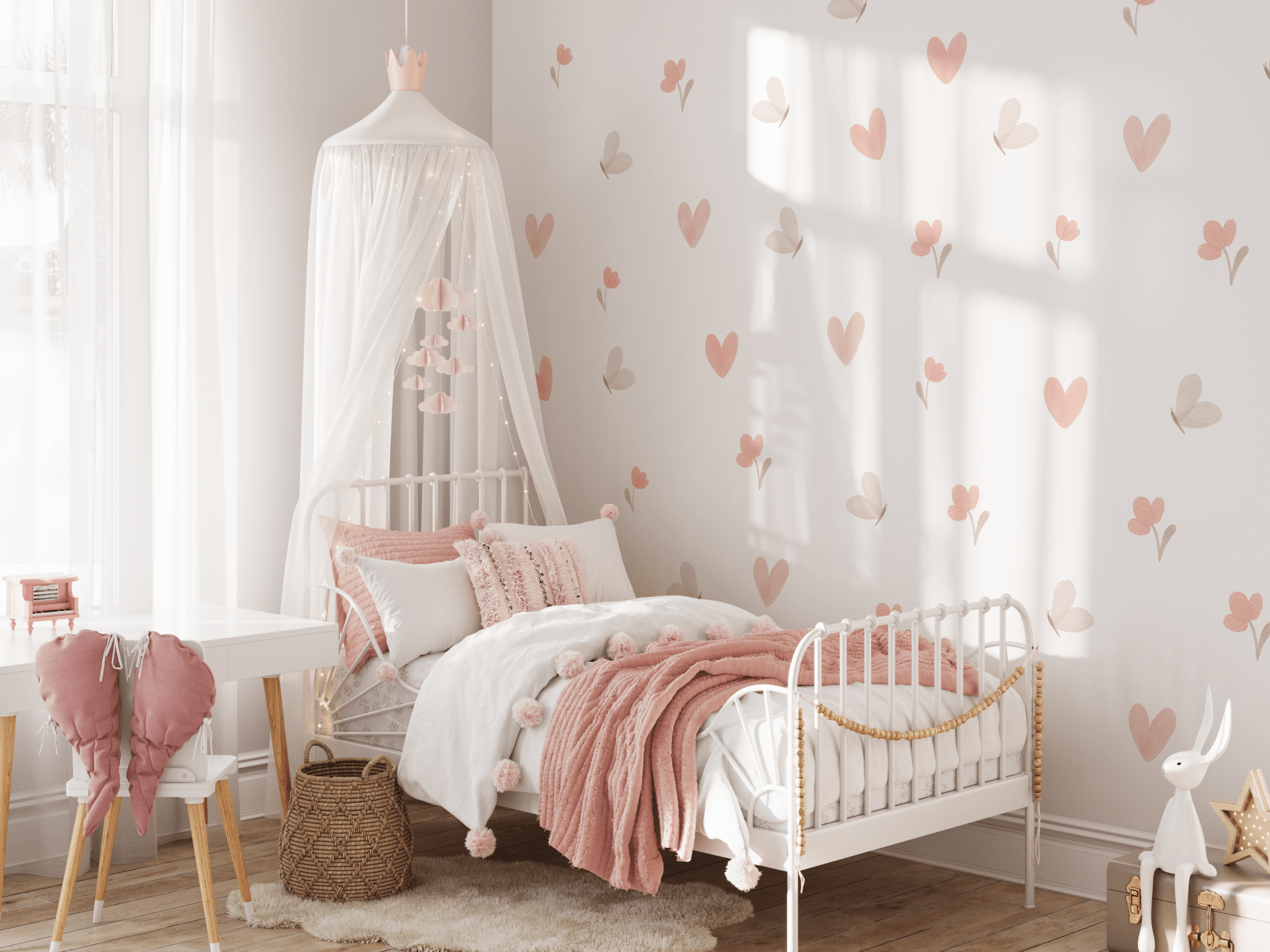 Subtle pink hand painted heart and butterfly wall stickers, removable heart and butterfly wall decals 