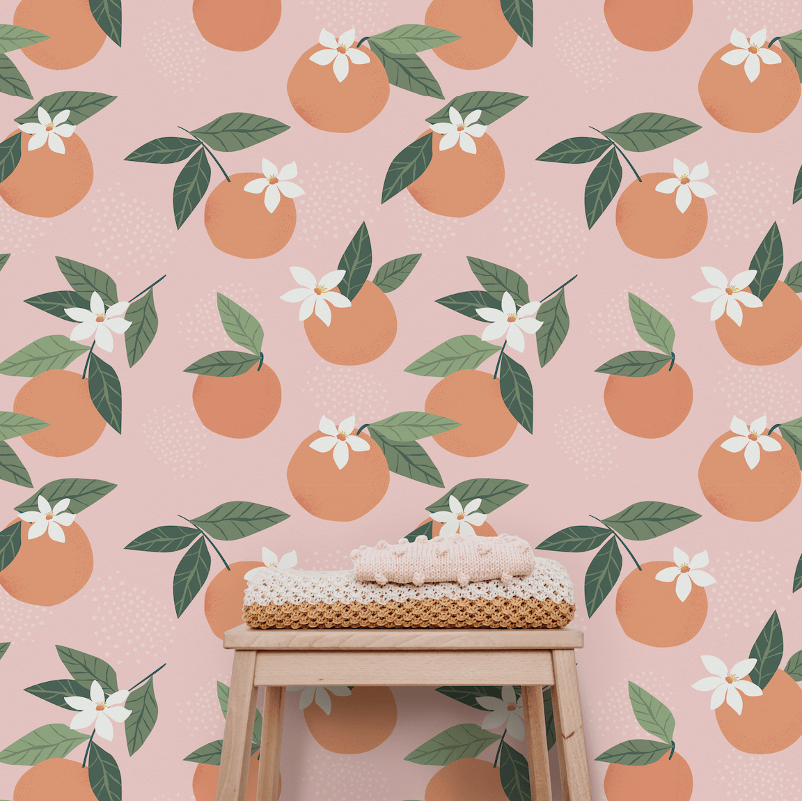tropical orange fruit wallpaper peel and stick with green leaves, removable wallpapers