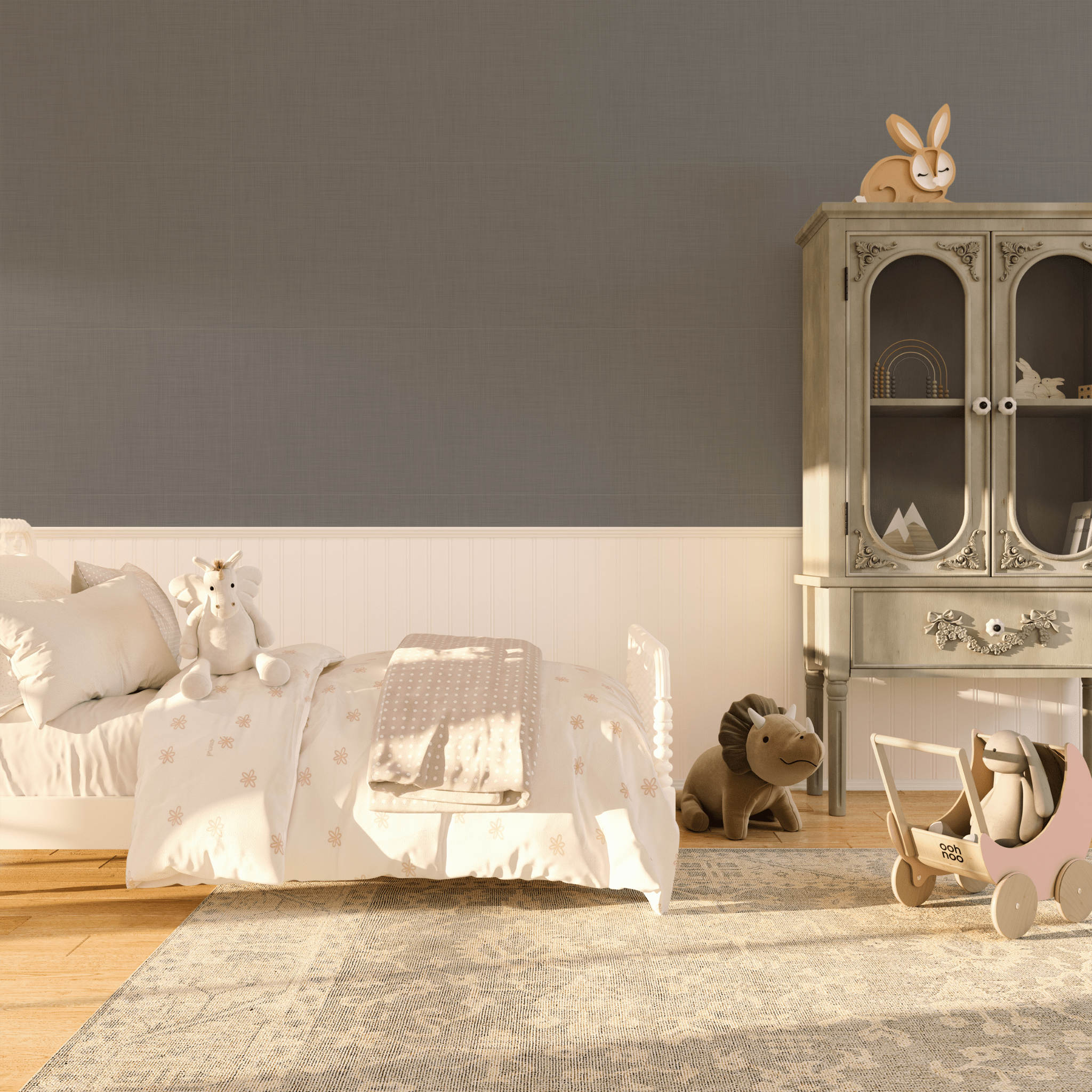 Charcoal grey peel and stick wallpaper in girls room with rustic accents.