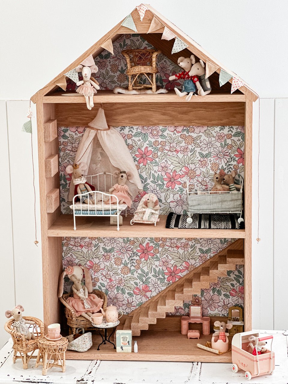 Upgrade Maileg Mice Doll House using floral Peel and Stick wallpaper as the backdrop