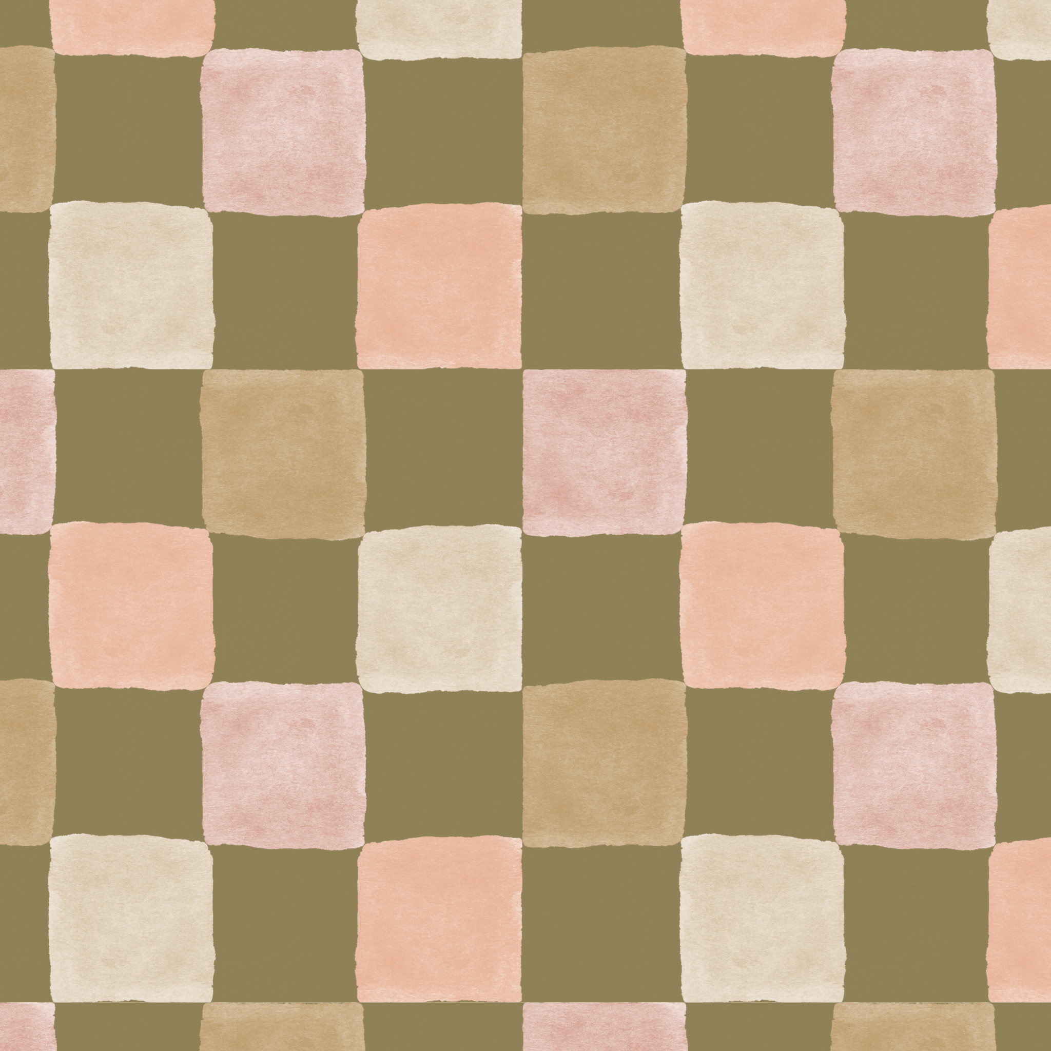 Seamless pattern sample with a neopolitan color palette featuring checkered squares in shades of pink, beige, and olive green