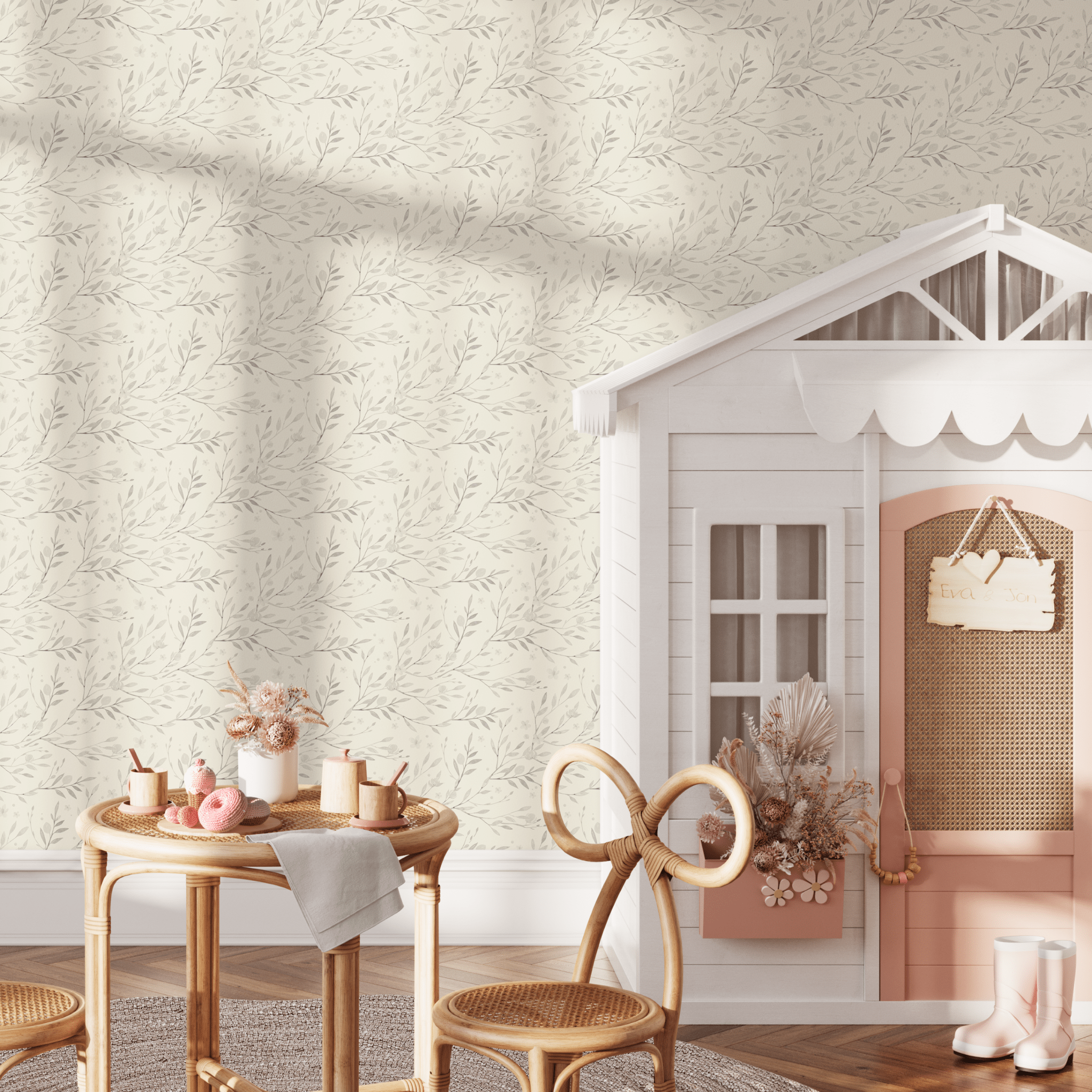 Cute floral neutral coloured peel and stick wallpaper in a child's playroom
