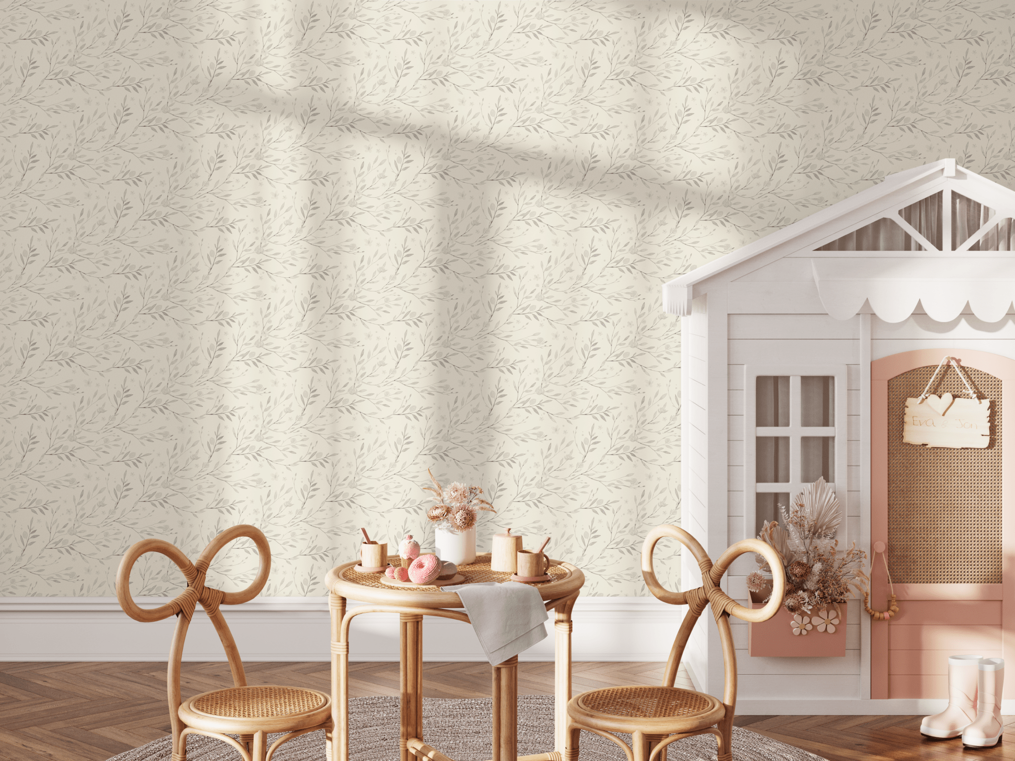 Aesthetic childrens playroom featuring the cutest peel and stick floral wallpaper
