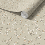 Roll of premium wallpaper partially unfurled, showing texture and design continuity. Neutral florals for versatile home or office decor enhancement
