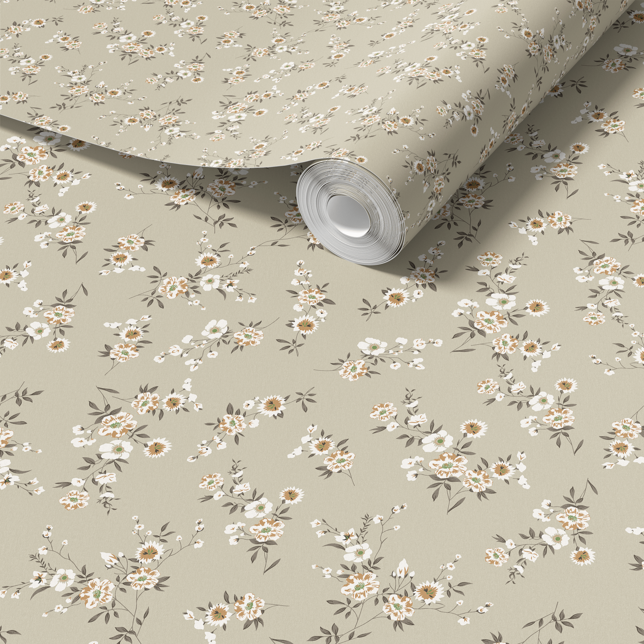 Roll of premium wallpaper partially unfurled, showing texture and design continuity. Neutral florals for versatile home or office decor enhancement