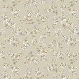  A close-up of a floral wallpaper with a neutral beige background and detailed white and brown flowers and leaves pattern throughout, giving a subtle and elegant appearance suitable for various room decors.