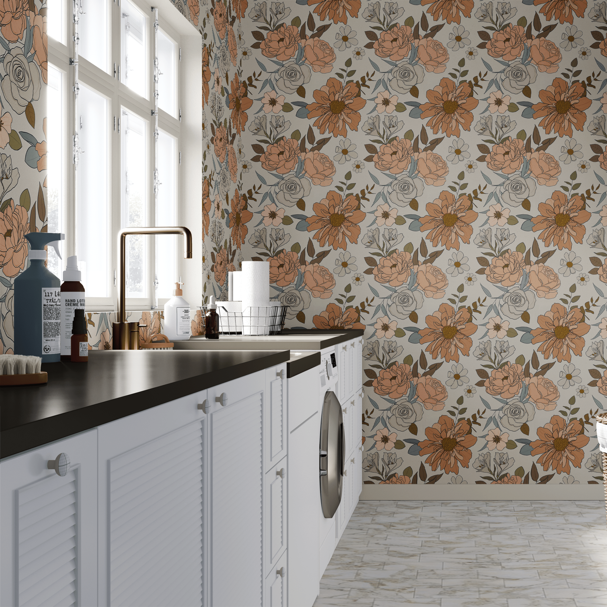 Bohemian style floral wallpaper in orange and blue tones in a clean large laundry room