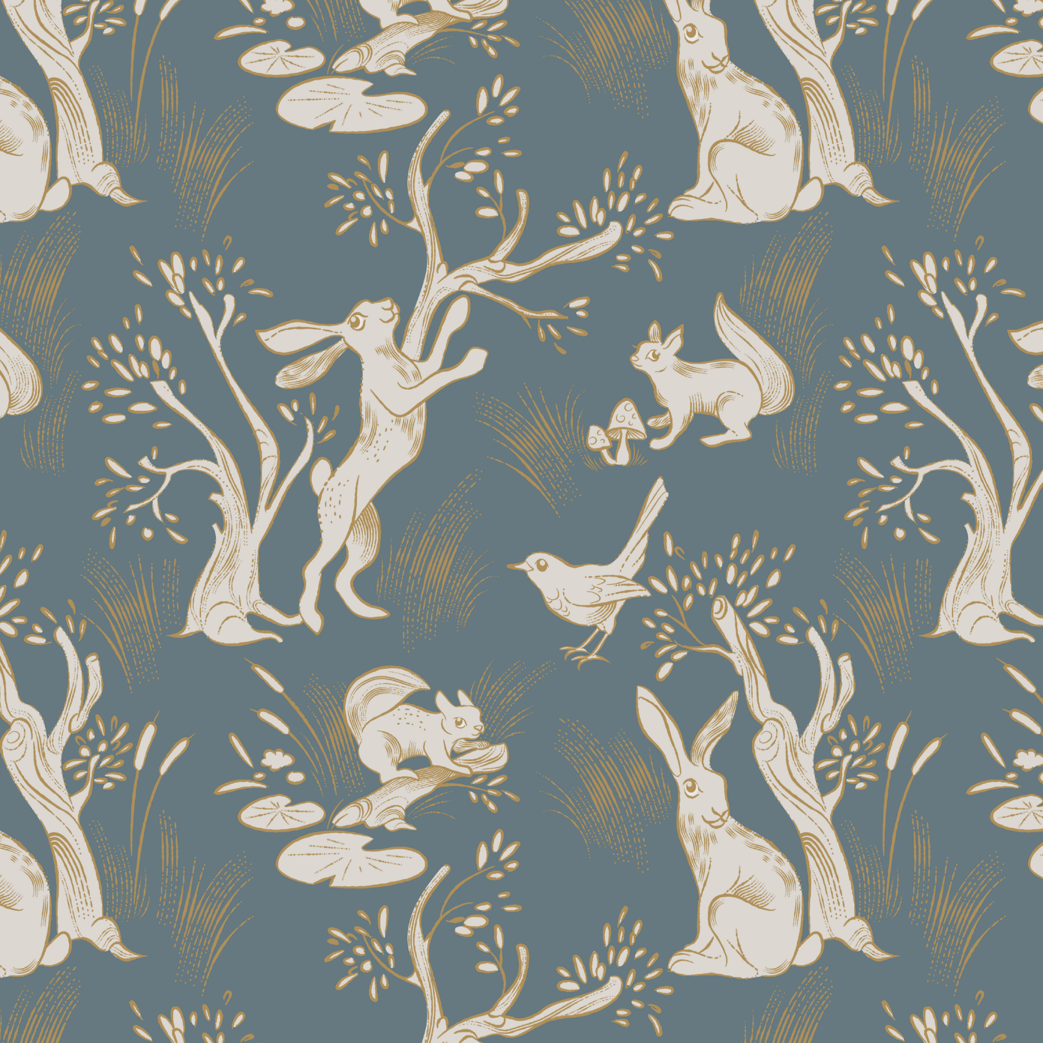 A close-up view of the wallpaper used in the previous images, displaying an intricate pattern of white rabbits, squirrels, birds, and trees with leaves, all on a navy blue background.