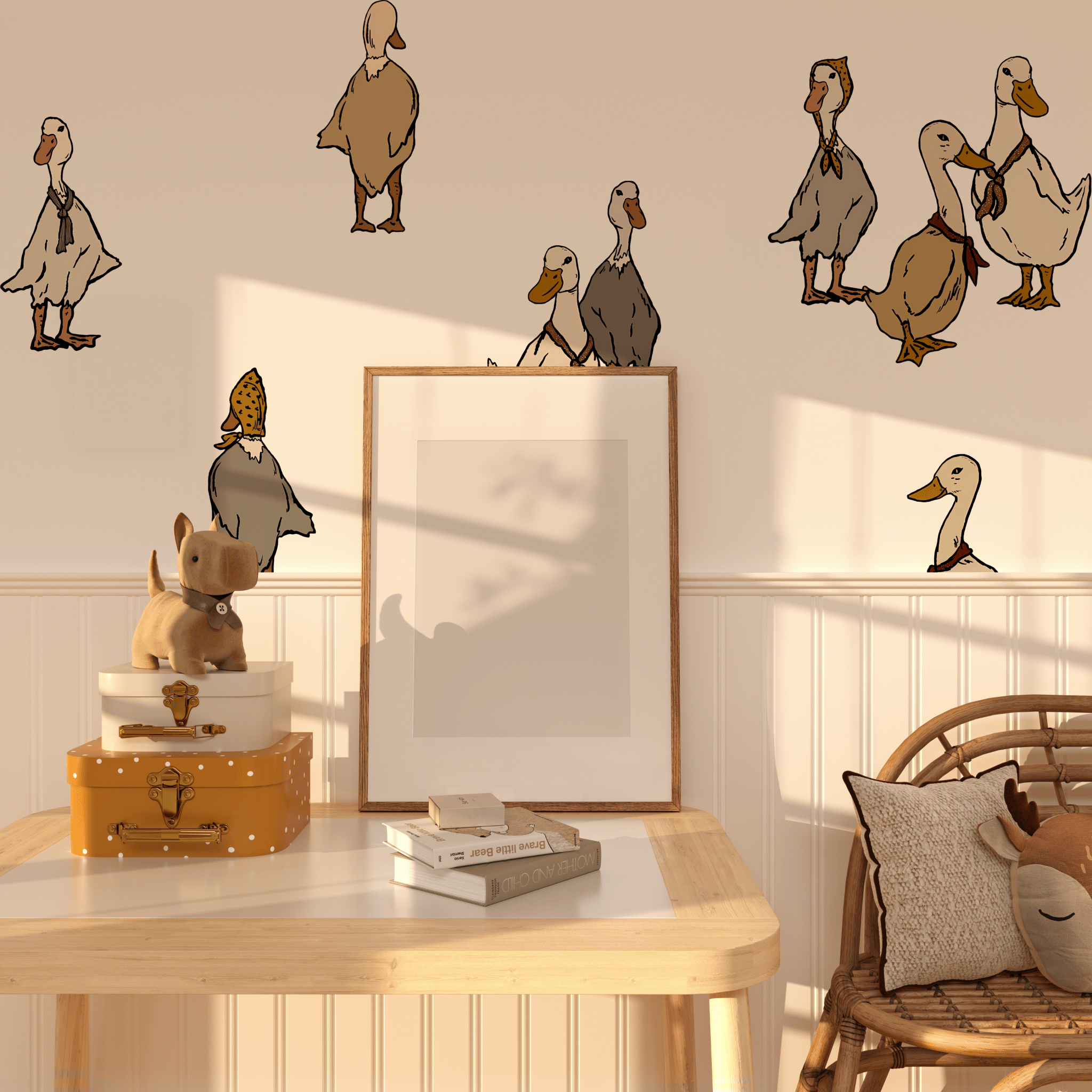 A variety of duck and goose wall decals in a vintage boho style displayed in a cozy corner with a wooden table, a small animal figurine, decorative boxes, and a wicker chair with a cushion