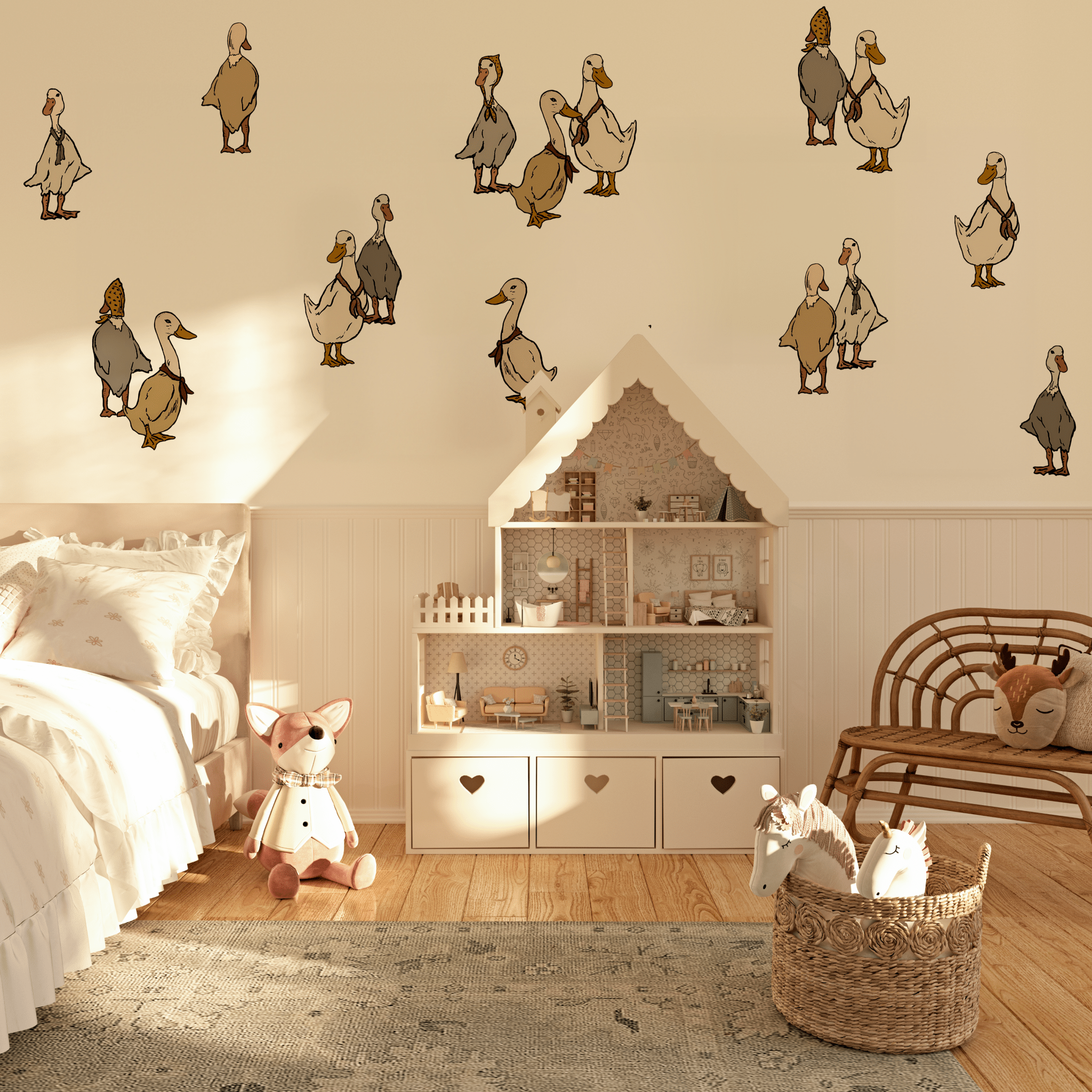 An assortment of playful duck and goose wall decals adorning the walls of a children's bedroom with a cozy bed, a dollhouse-style bookcase, and a woven basket filled with plush toys on a patterned rug