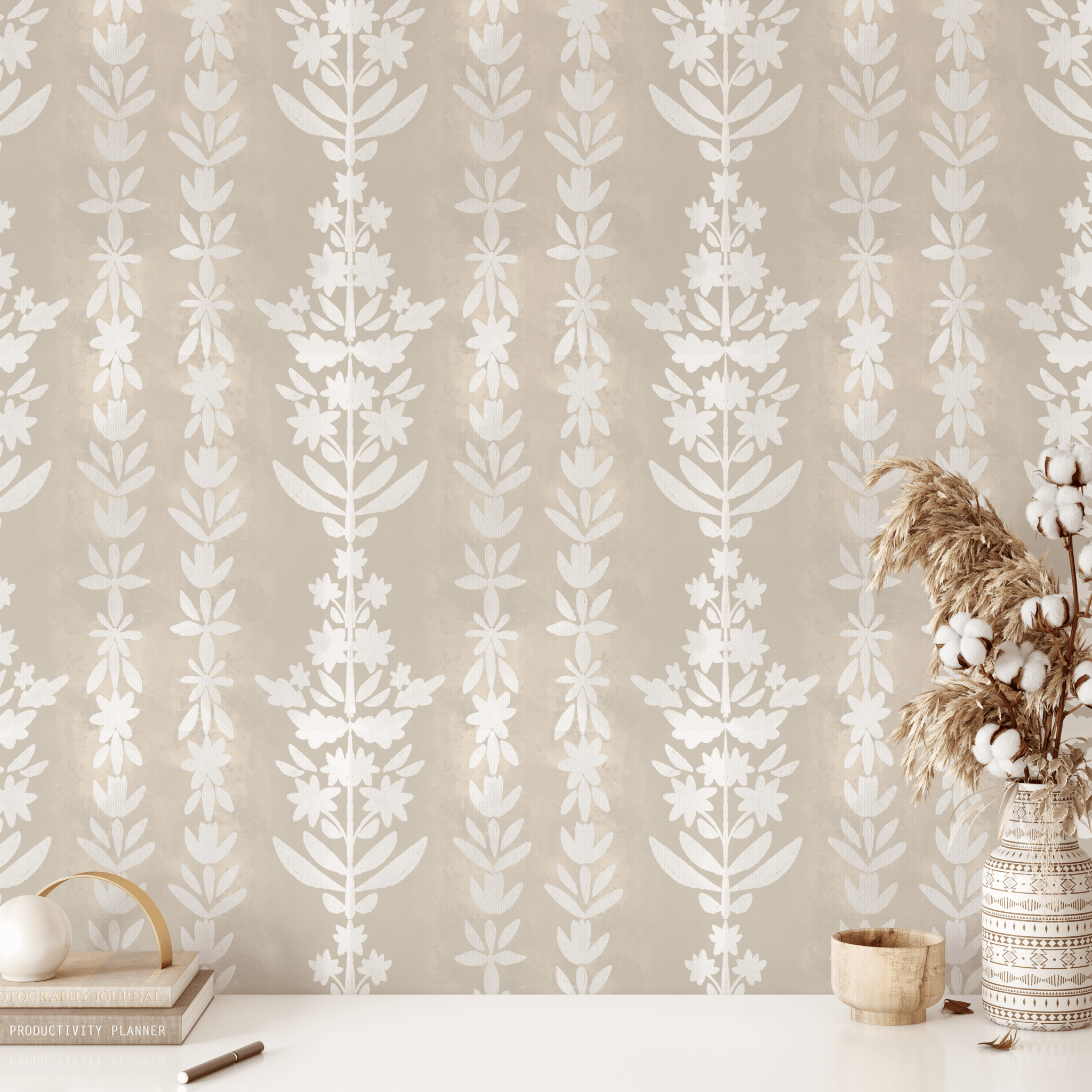 Earthy tone wallpaper self adhesive with natural bohemian inspired decor