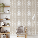 Boho style living room featuring earth toned cream and white self adhesive wallpaper