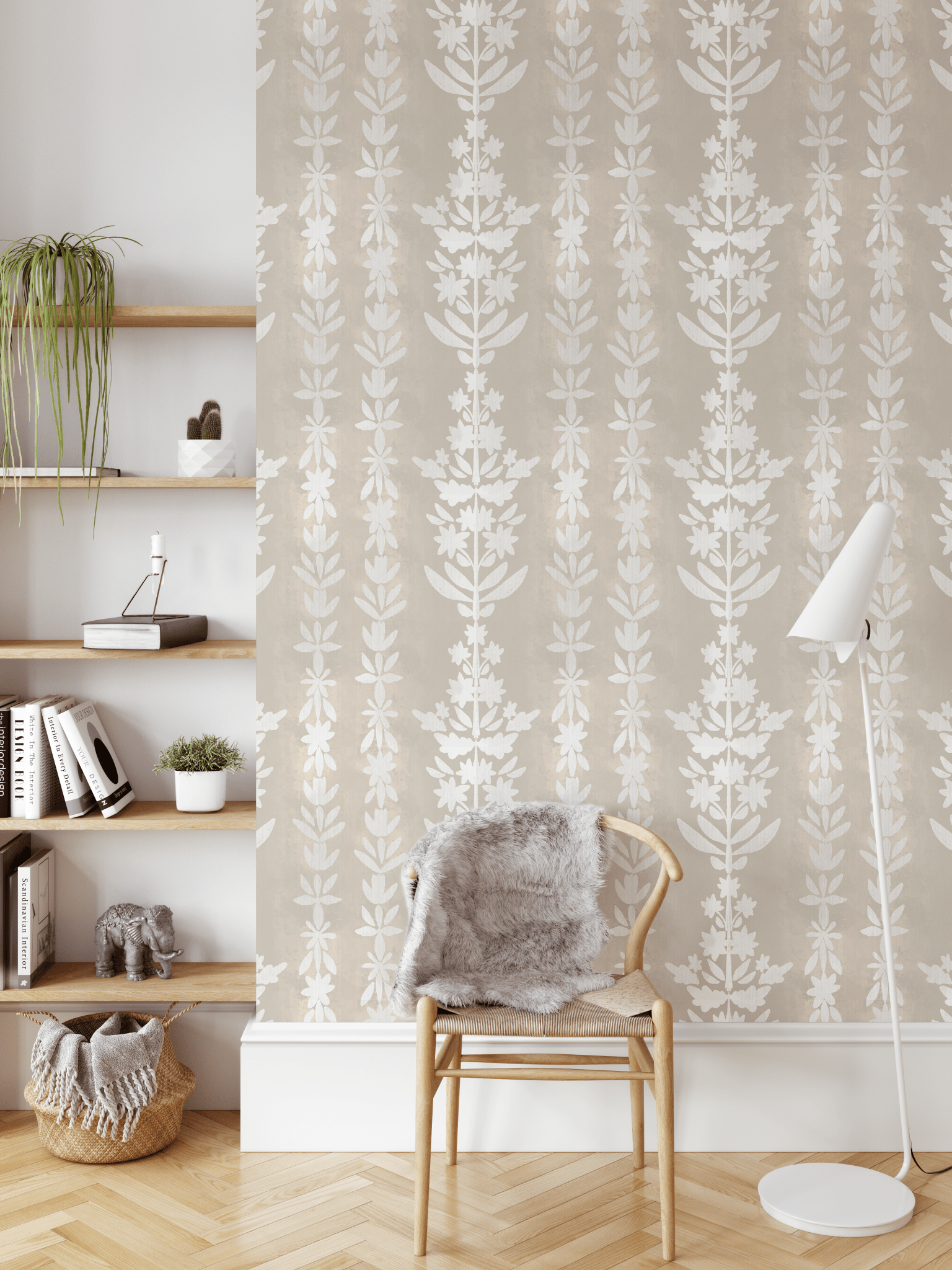 Boho style living room featuring earth toned cream and white self adhesive wallpaper